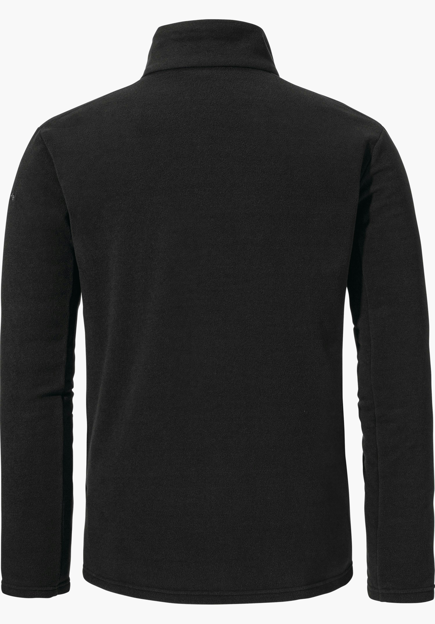Fleece Jk Style Qutang MNS schwarze Fleecejacke, Rückenansicht, präsentiert geschlossenen Stehkragen und lange Ärmel; schlichter, gerader Schnitt vor weißem, neutralem Hintergrund.