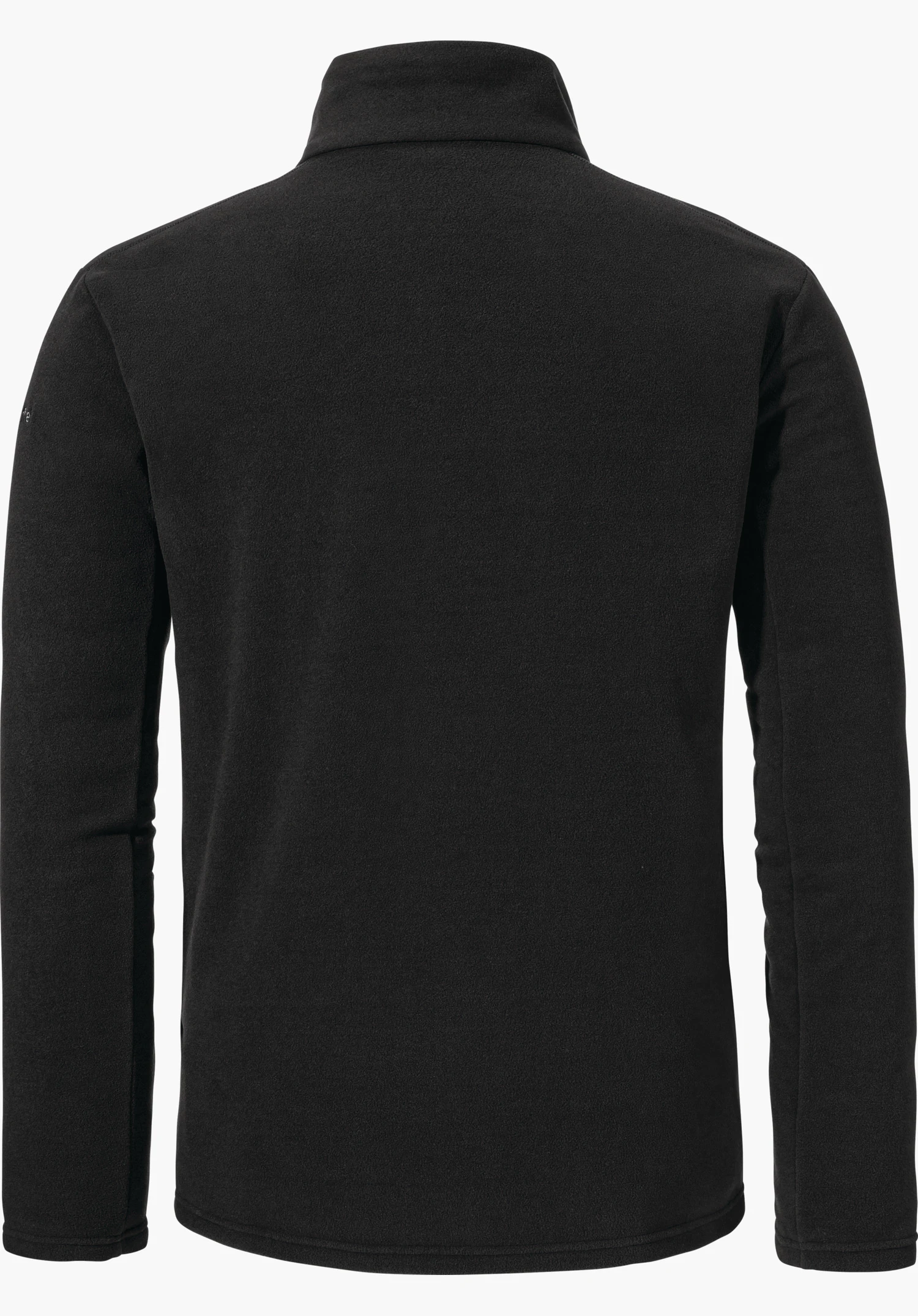 Fleece Jk Style Qutang MNS black fleece jacket, rear view, featuring closed stand-up collar and long sleeves; clean, straight cut against a neutral white background.