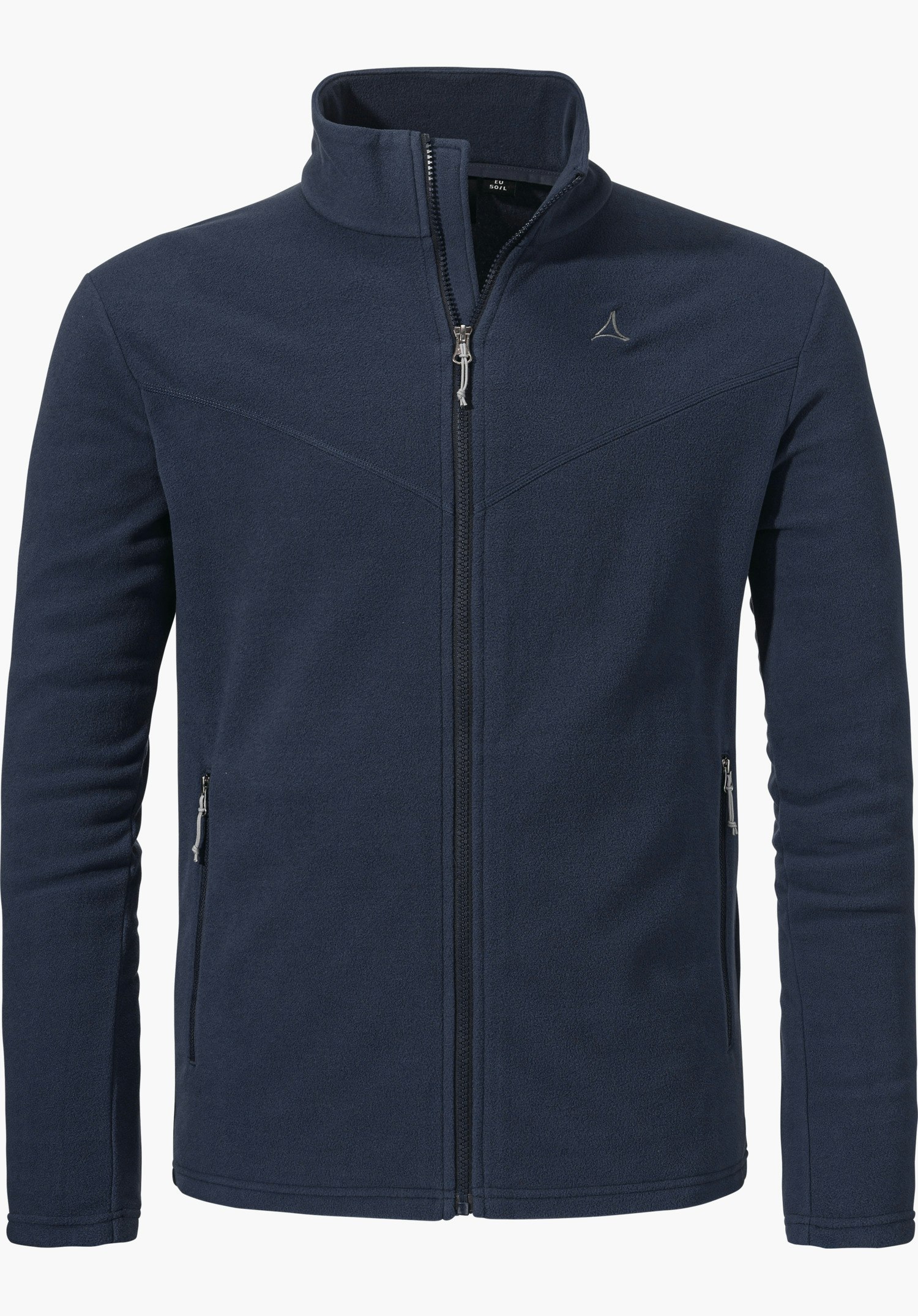 Fleece Jk Style Qutang MNS dunkelblaue Fleecejacke mit Stehkragen, frontal präsentiert, mit geschlossenem Reißverschluss; Schöffel-Logo auf linker Brust; gerade geschnittene Ärmel, zwei Reißverschlusstaschen; freigestellt vor weißem Hintergrund. Schriftzug: "EU 50/L".