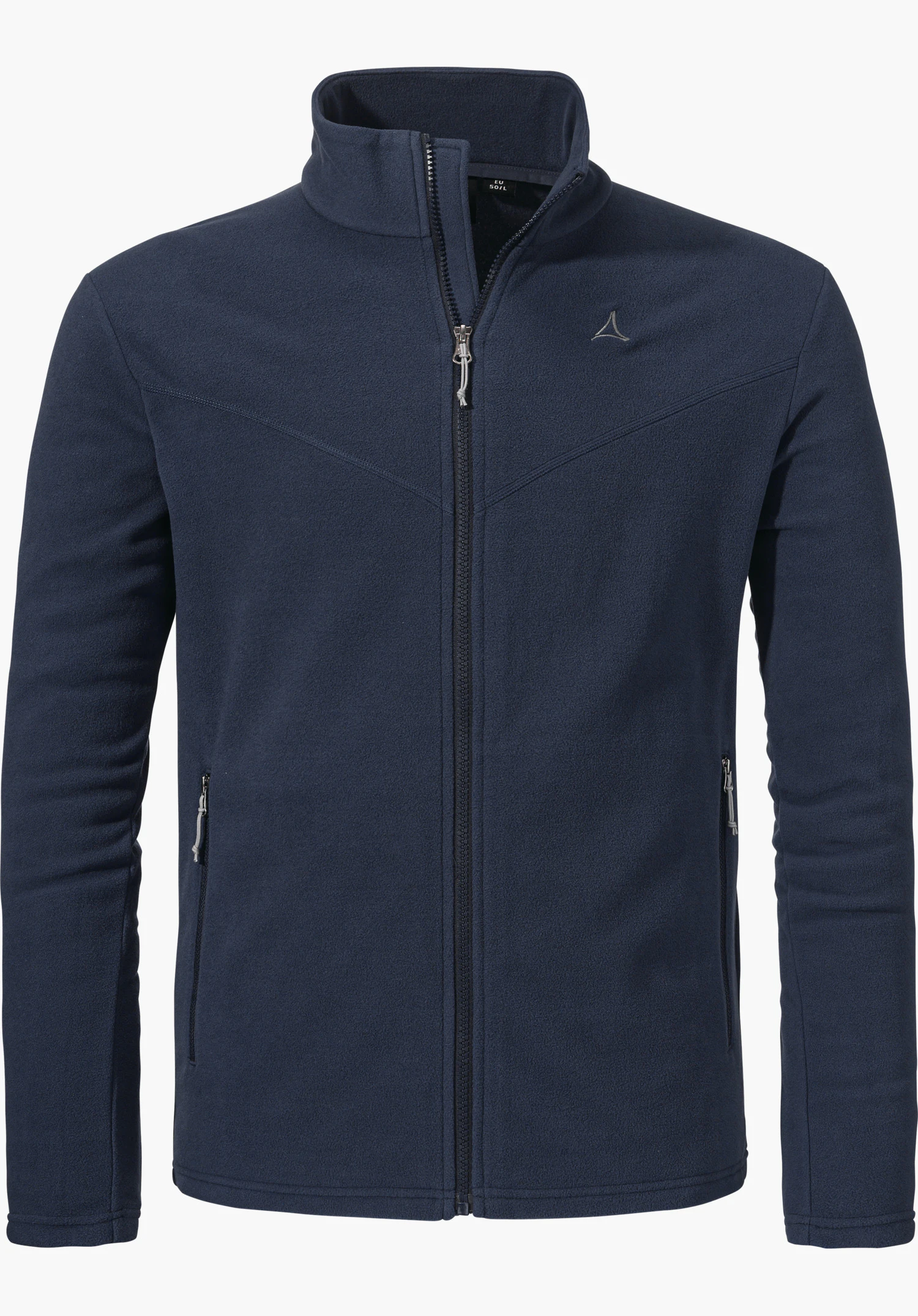 Fleece Jk Style Qutang MNS dunkelblaue Fleecejacke mit Stehkragen, frontal präsentiert, mit geschlossenem Reißverschluss; Schöffel-Logo auf linker Brust; gerade geschnittene Ärmel, zwei Reißverschlusstaschen; freigestellt vor weißem Hintergrund. Schriftzug: "EU 50/L".