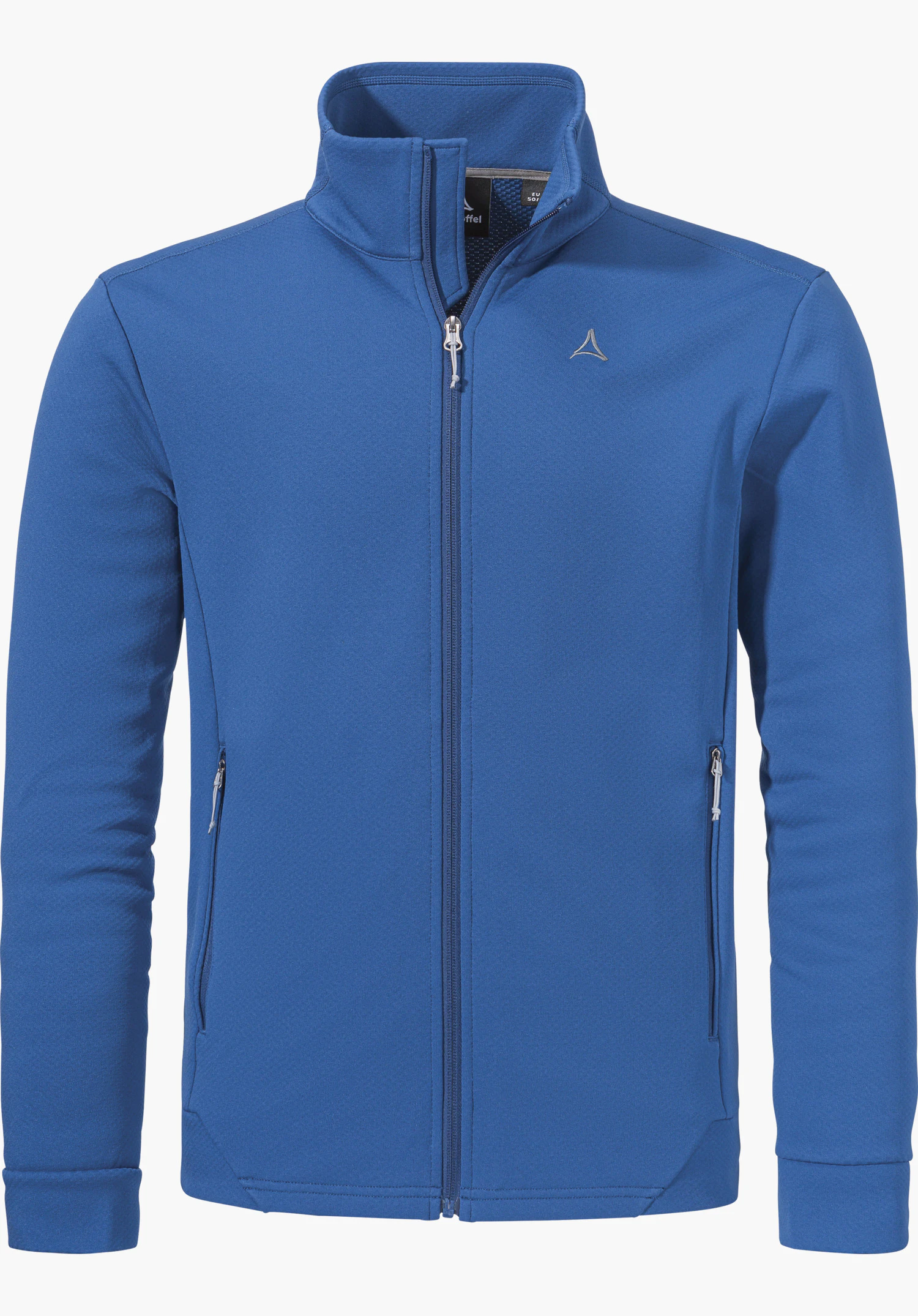 Fleece Jk Style Uriezzo MNS en bleu avec une fermeture éclair frontale intégrale, un col montant, des poches latérales zippées et le logo Schöffel sur la poitrine gauche, détouré sur fond blanc.
