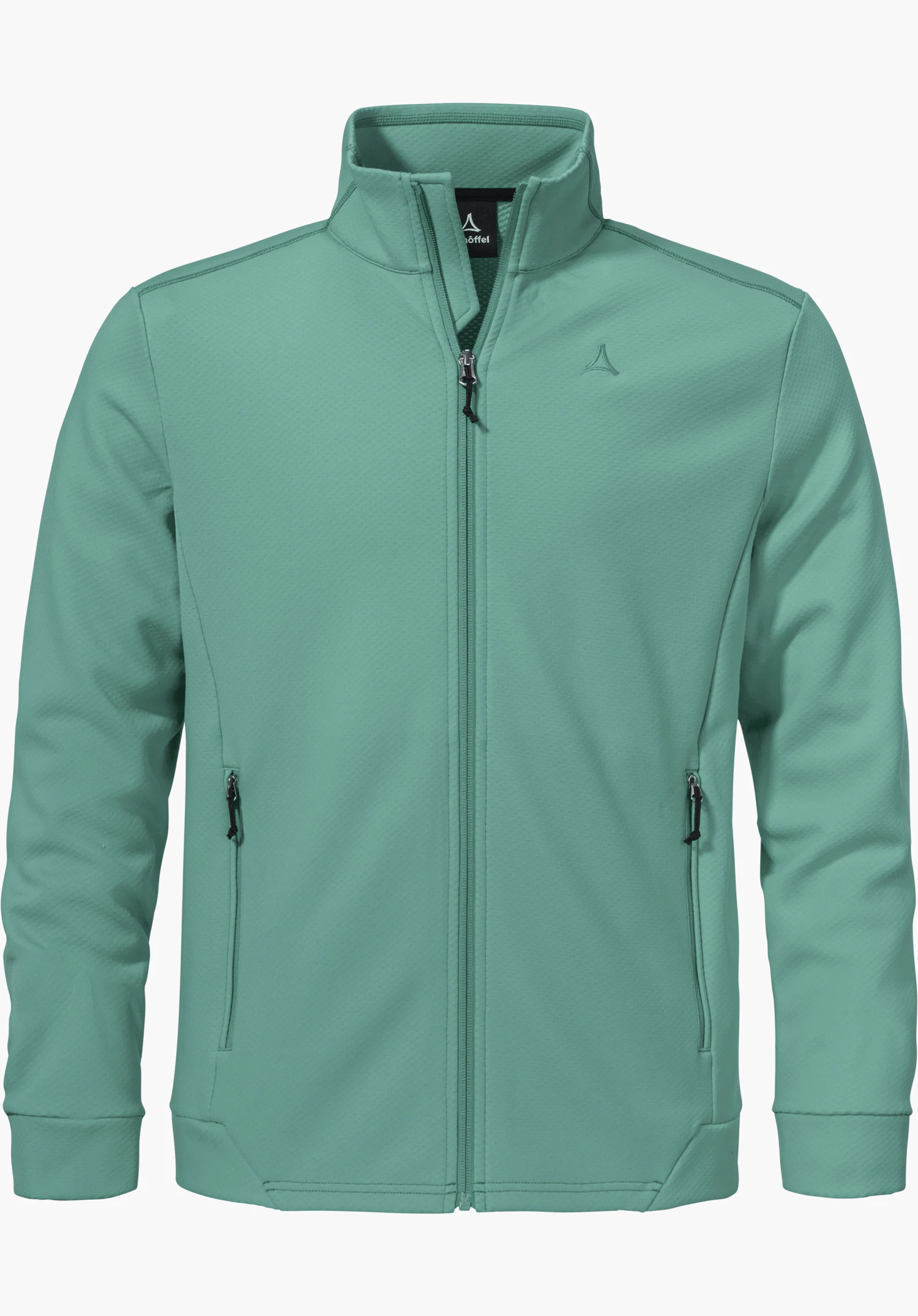 Fleece Jk Style Uriezzo MNS en vert avec une fermeture éclair frontale intégrale, deux poches zippées et un logo Schöffel discret sur la poitrine gauche, détouré sur fond blanc.