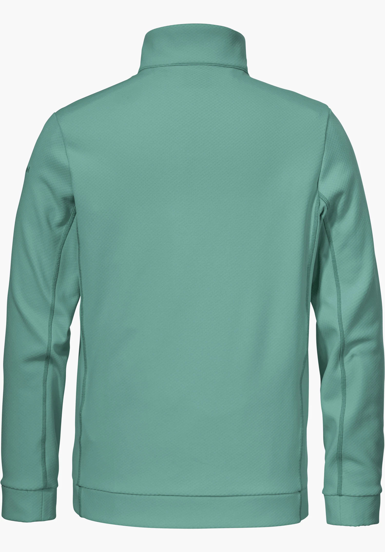 Fleece Jk Style Uriezzo MNS comme veste verte en vue de dos avec le logo Schöffel visible sur le côté de la manche, détourée sur fond blanc.