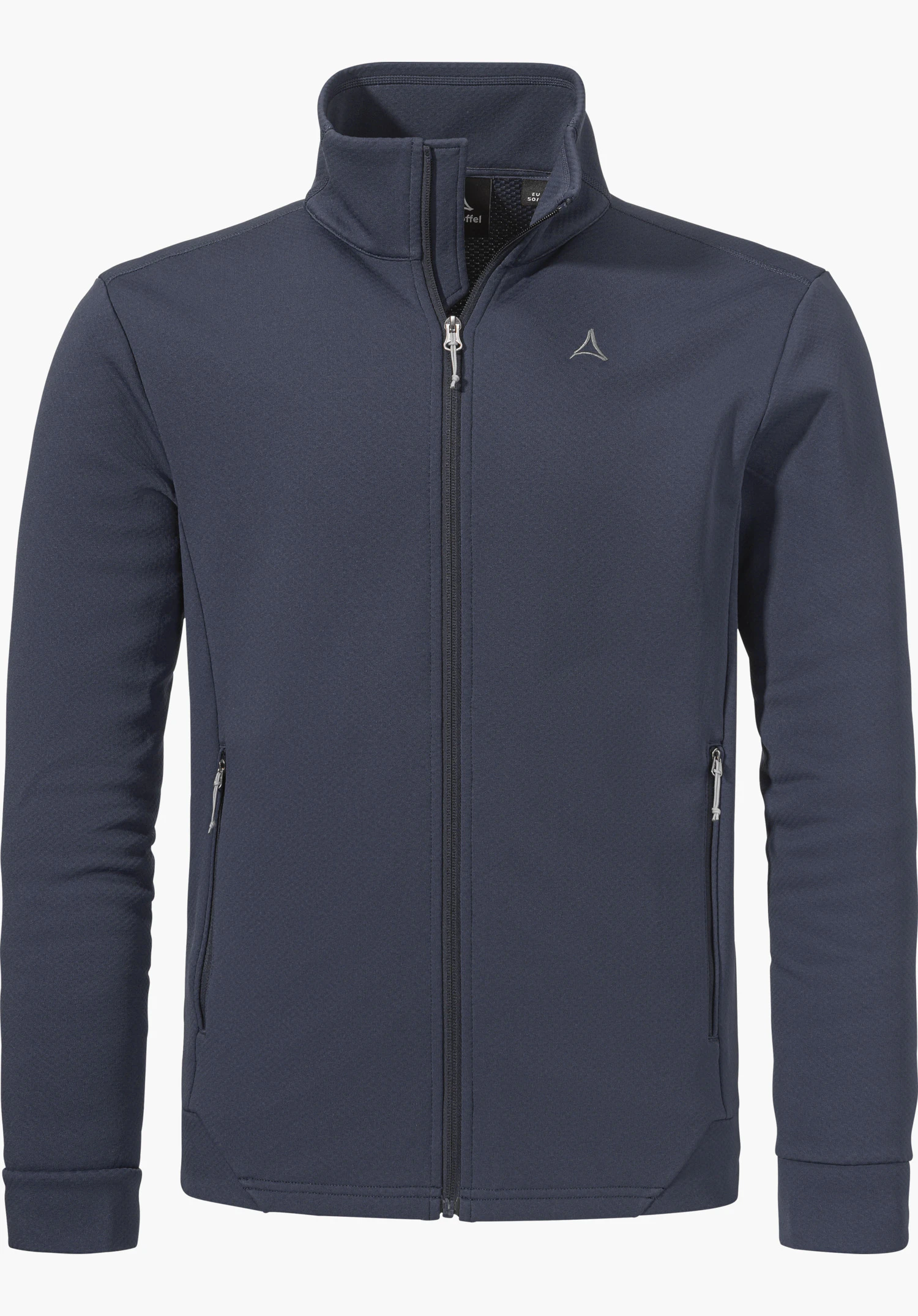Fleece Jk Style Uriezzo MNS en bleu présente une fermeture éclair intégrale sur le devant, deux poches latérales zippées et le logo Schöffel sur la poitrine gauche, détouré sur fond blanc.