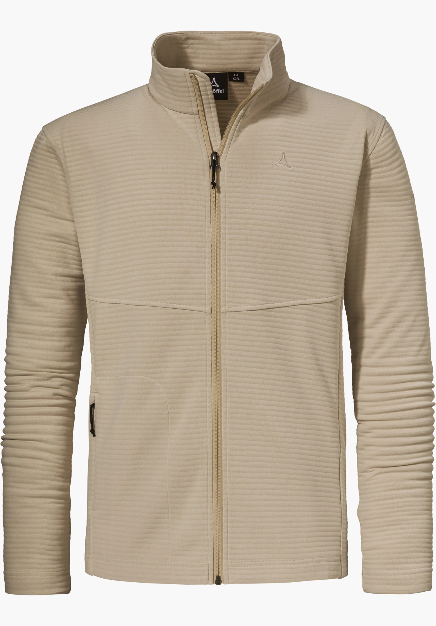 CIRC Fleece Jk Style Smue MNS sous forme de veste polaire beige avec une fine texture côtelée, une fermeture éclair sur le devant et le logo Schöffel sur la poitrine gauche, isolée sur fond blanc.