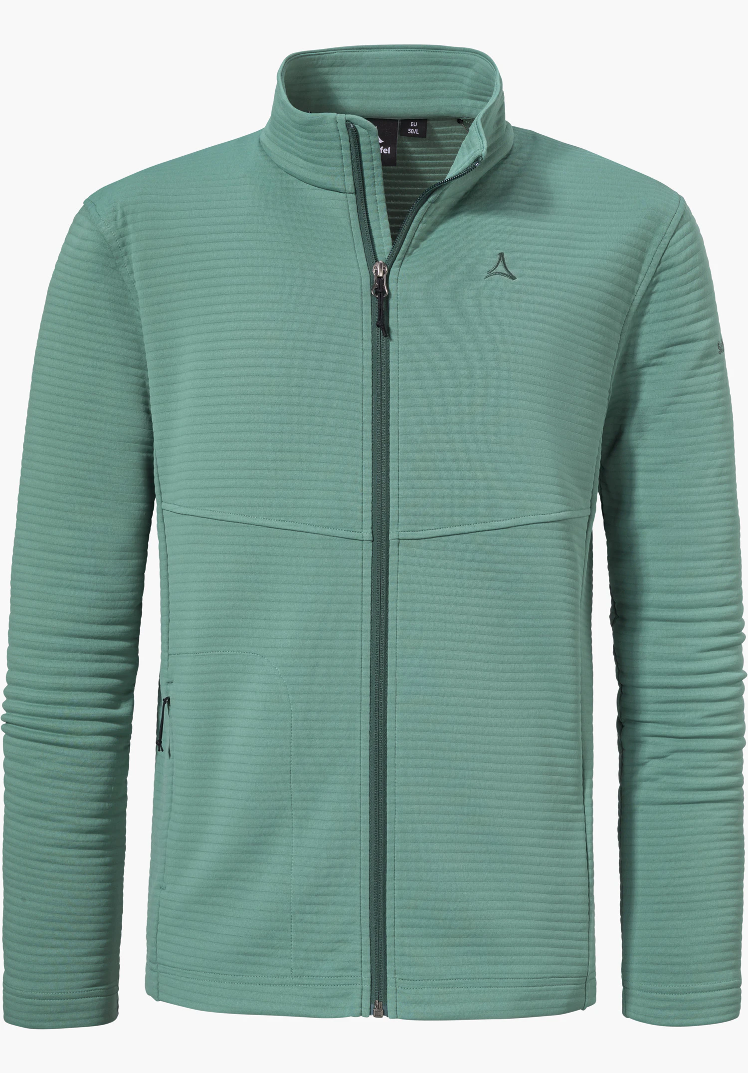 CIRC Fleece Jk Style Smue MNS als grüne Fleecejacke mit durchgehendem Reißverschluss, feiner Rippenstruktur, Stehkragen und Schöffel-Logo auf der linken Brust, freigestellt vor weißem Hintergrund.