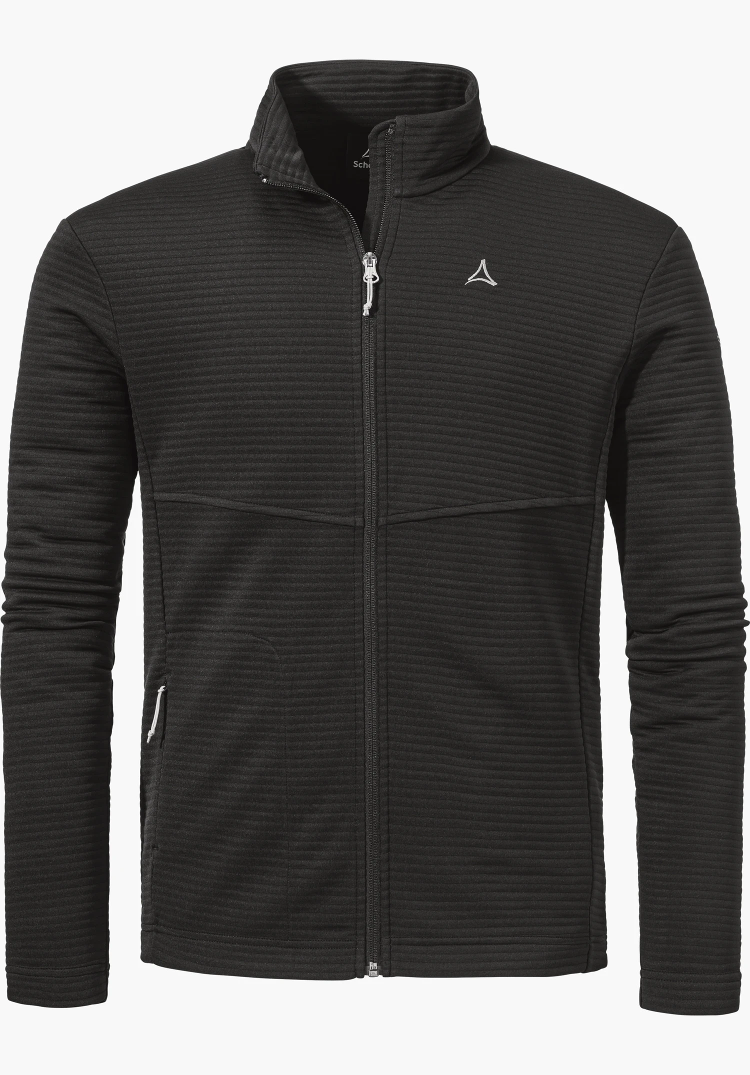 CIRC Fleece Jk Style Smue MNS in Schwarz, gezeigt als langärmlige Fleecejacke mit durchgehendem Frontreißverschluss, Stehkragen und sichtbarem Schöffel-Logo auf der linken Brust, freigestellt vor weißem Hintergrund.
