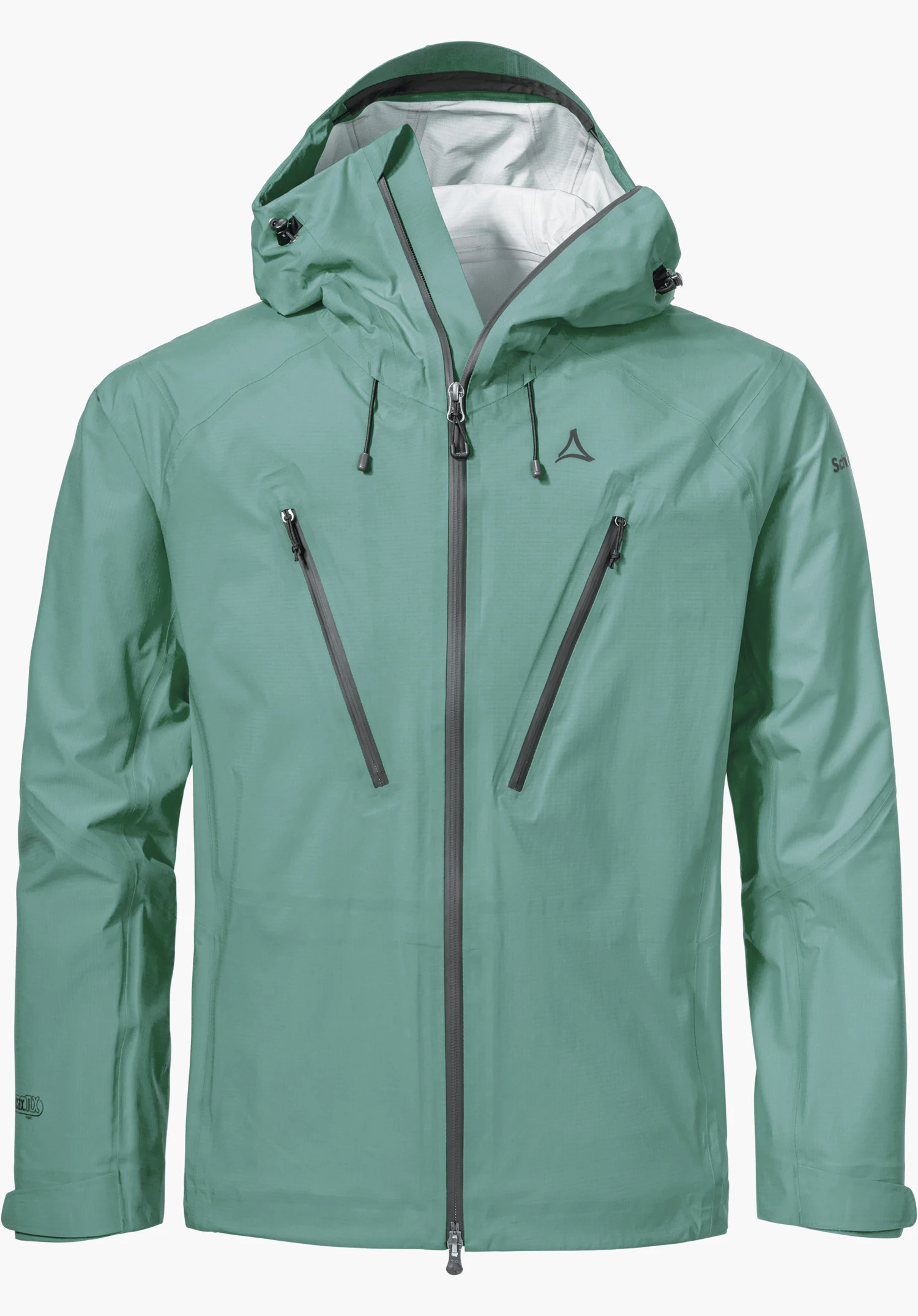 Jacket Style Blaueis MNS in green, featuring a hood, zipped chest pockets and the Schöffel logo on the chest, isolated against a white background.