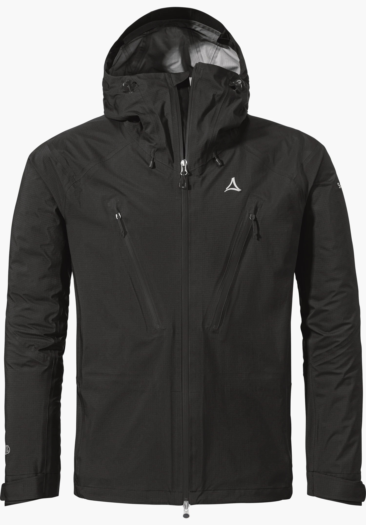 Jacket Style Blaueis MNS Schwarze Kapuzenjacke, frontal präsentiert; geschlossener Mittelreißverschluss, zwei schräge Brusttaschen; weißes Schöffel-Logo auf der Brust; neutraler weißer Hintergrund.