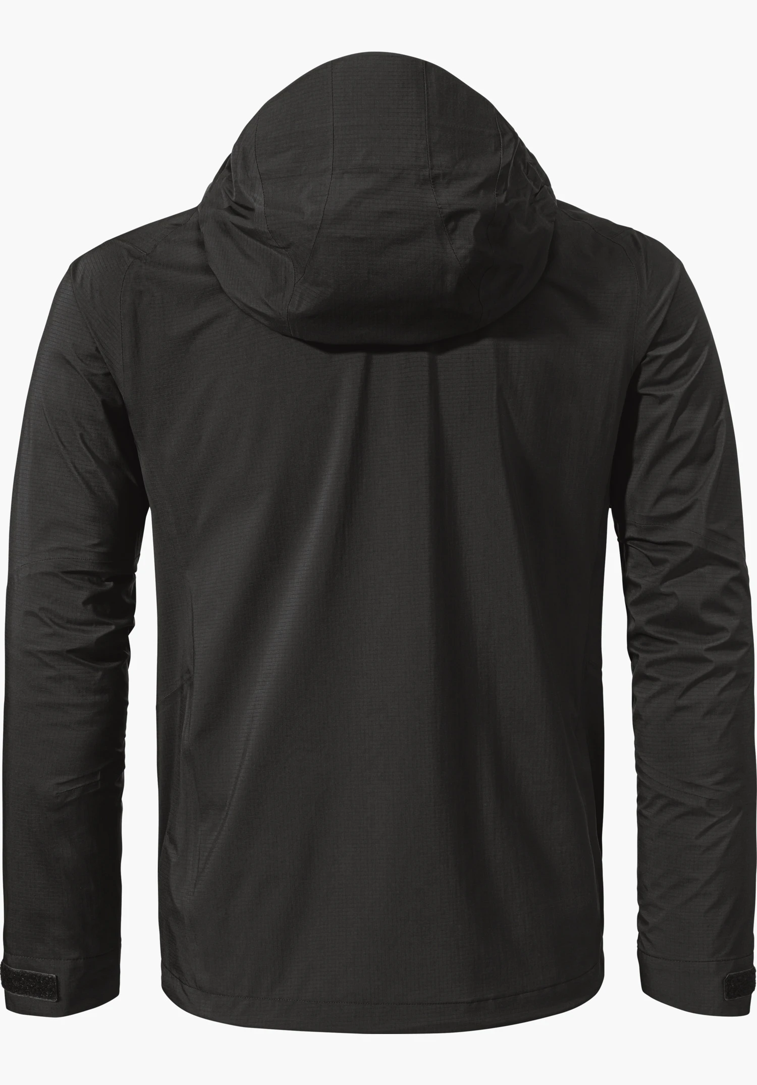 Jacket Style Blaueis MNS schwarze Kapuzenjacke, von hinten fotografiert, Kapuze hochgezogen, lange Ärmel mit Klettverschlüssen, glatte leicht strukturierte Oberfläche, weißer Hintergrund.