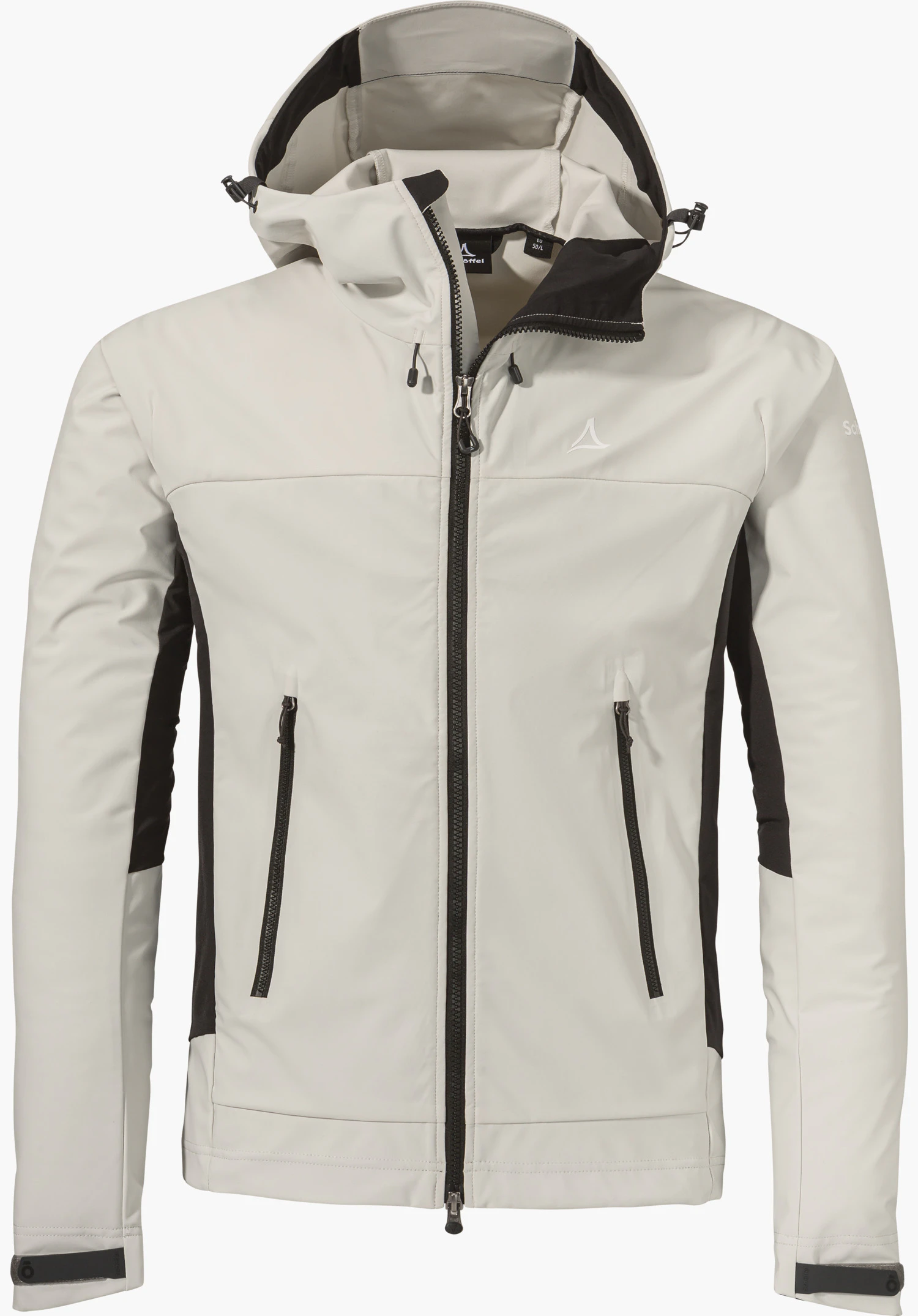 Softshell Jk Style Blaueis MNS in the colour natur, equipped with a front zip, hood, black accents on the sides and the Schöffel logo on the left chest, isolated on a white background.