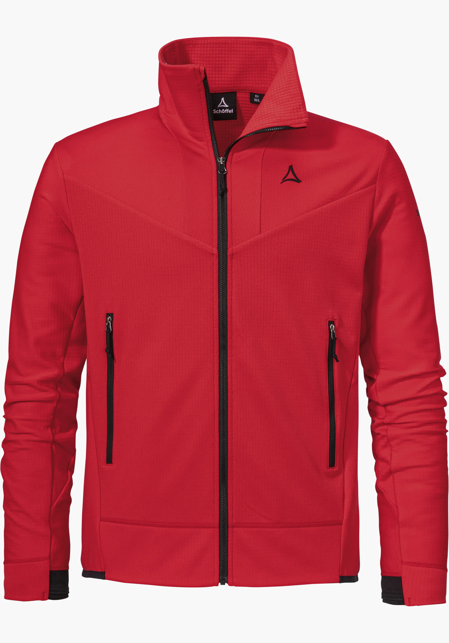 Fleece Jkt Style Blaueis MNS zeigt sich in der Farbe rot mit durchgehendem schwarzen Frontreißverschluss, zwei Reißverschlusstaschen und dem Schöffel-Logo auf der linken Brust, freigestellt vor weißem Hintergrund.