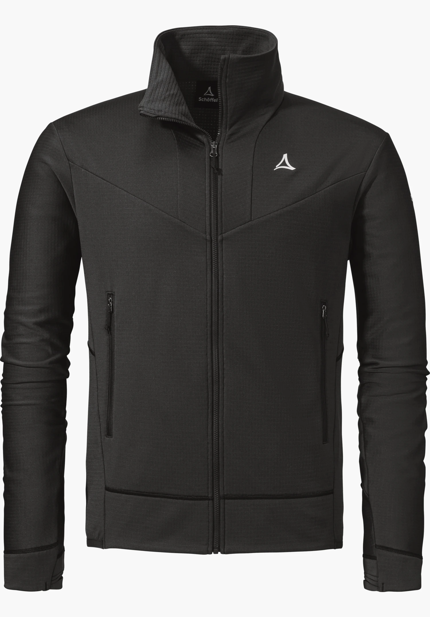 Fleece Jkt Style Blaueis MNS in black with a full-length front zip, high collar, two zip pockets and a white Schöffel logo on the left chest, isolated on a white background.