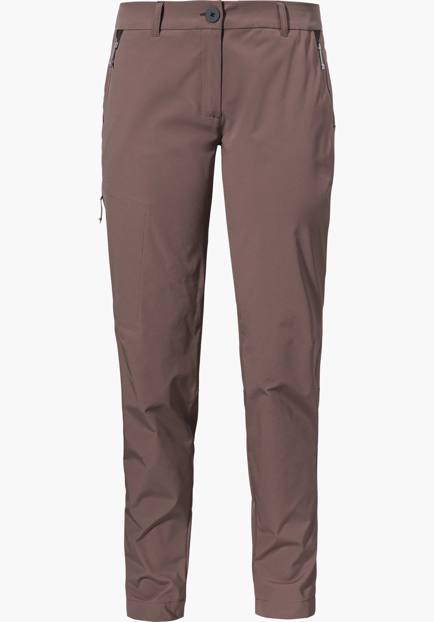 CIRC Pants Style Smue WMS, un pantalon marron pour femme avec des poches zippées et une poche sur la cuisse, détouré sur fond blanc.