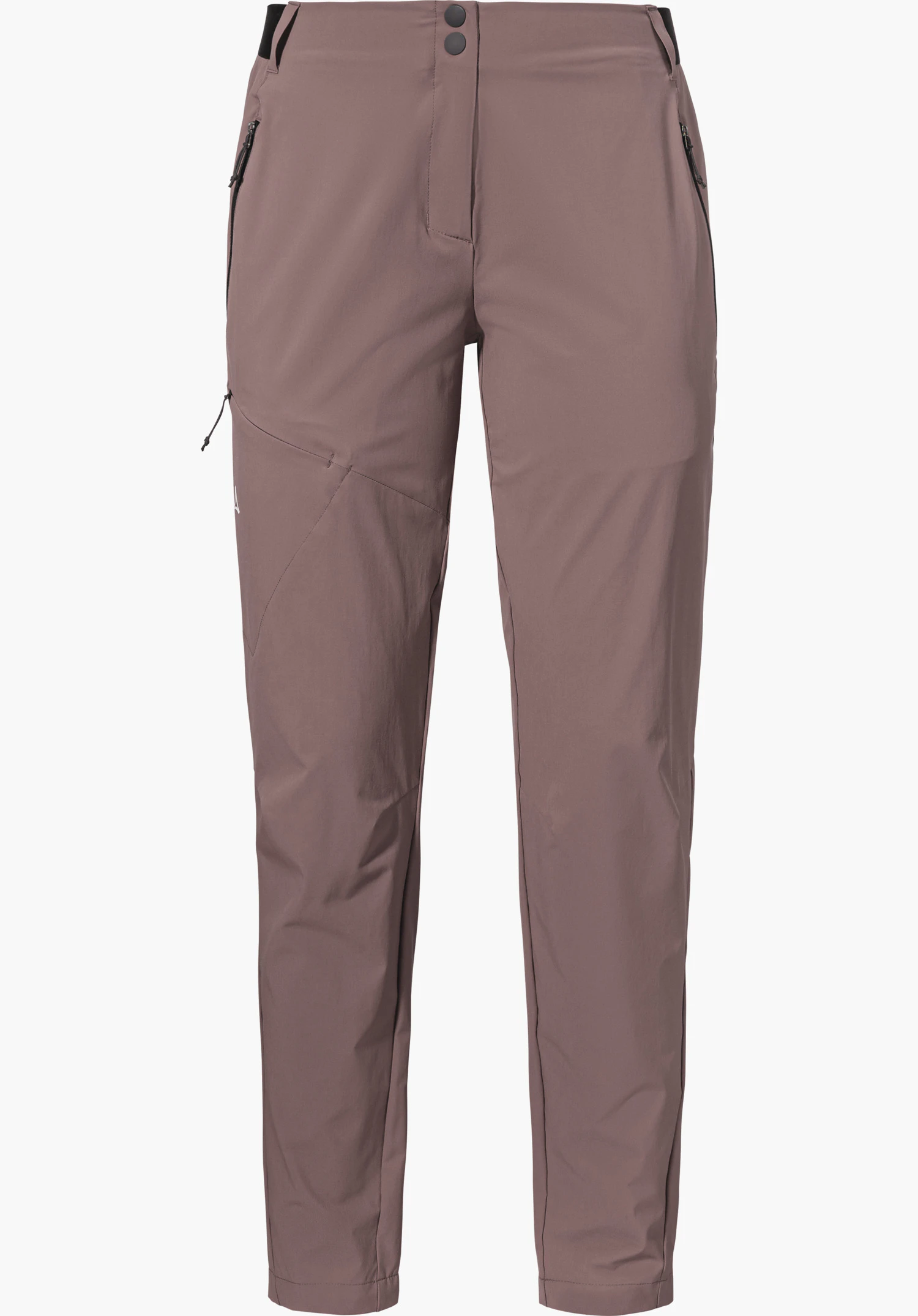 Pants Style Blaustein WMS zeigt die Reißverschlusstaschen, den Bund mit Knopfverschluss und das Schöffel-Logo auf dem braunen Material. Nahaufnahme vor weißem Hintergrund.