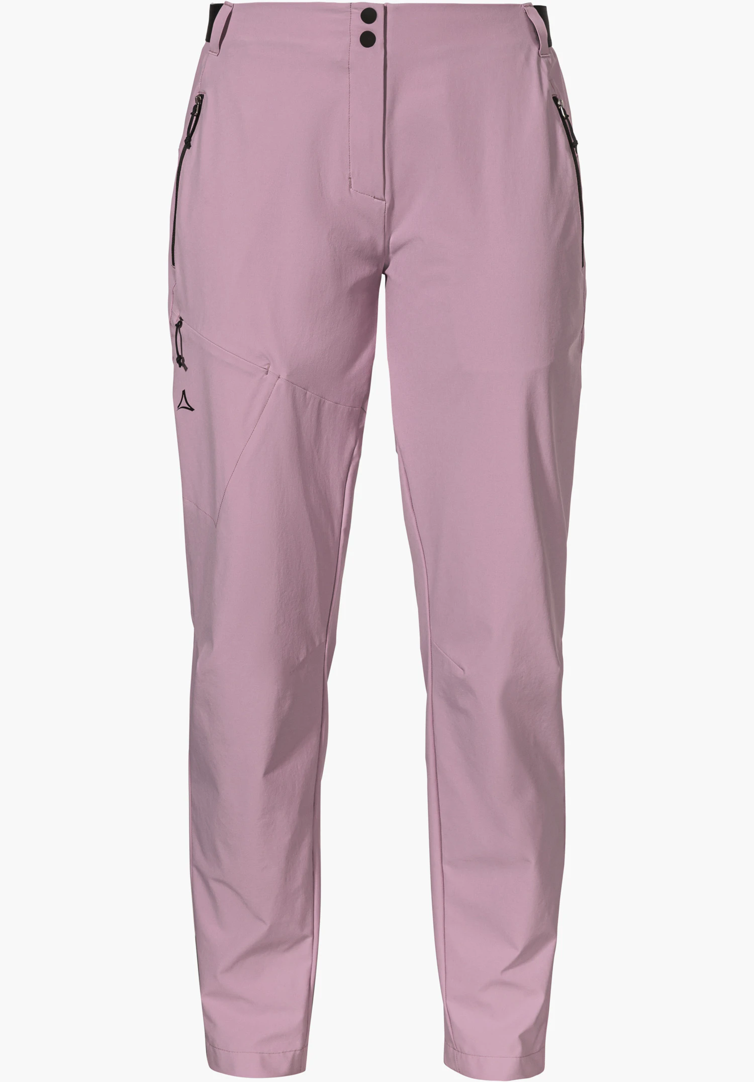 Pants Style Blaustein WMS in Rosa zeigen sich in einer Frontansicht mit sichtbaren Reißverschlusstaschen, zwei Verschlussknöpfen und einem kleinen schwarzen Schöffel-Logo auf dem rechten Oberschenkel freigestellt vor weißem Hintergrund.
