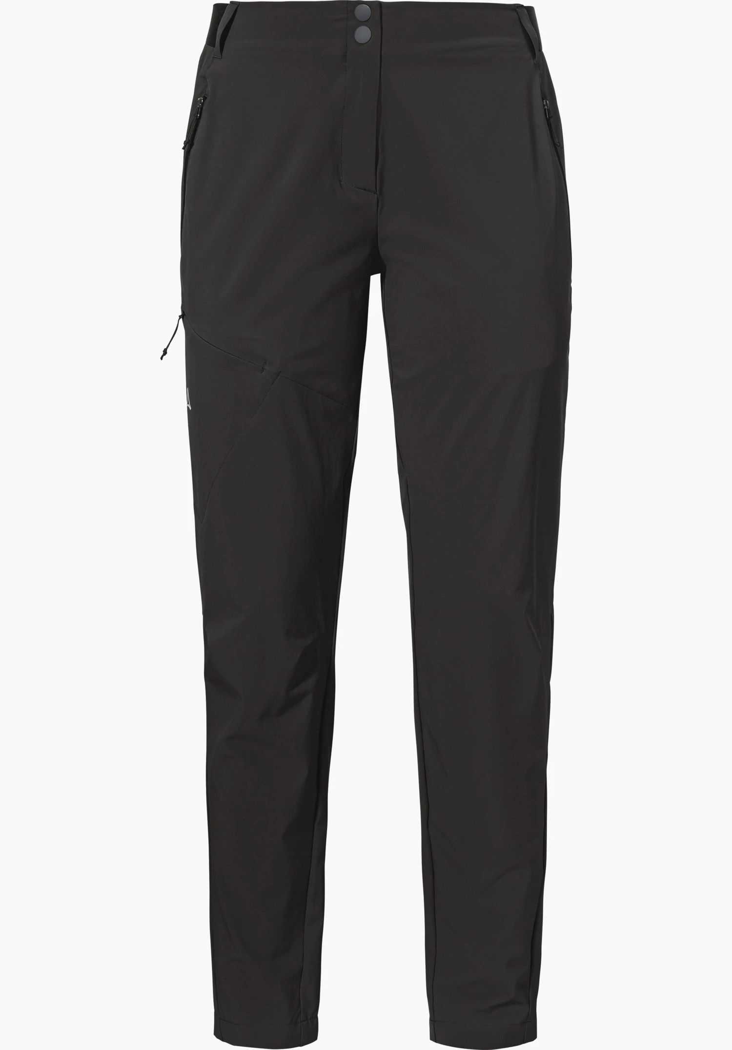 Pants Style Blaustein WMS zeigt den Bund mit doppeltem Druckknopfverschluss und die Reißverschlusstaschen im schwarzen Funktionsmaterial als detaillierte Nahaufnahme vor weißem Hintergrund.