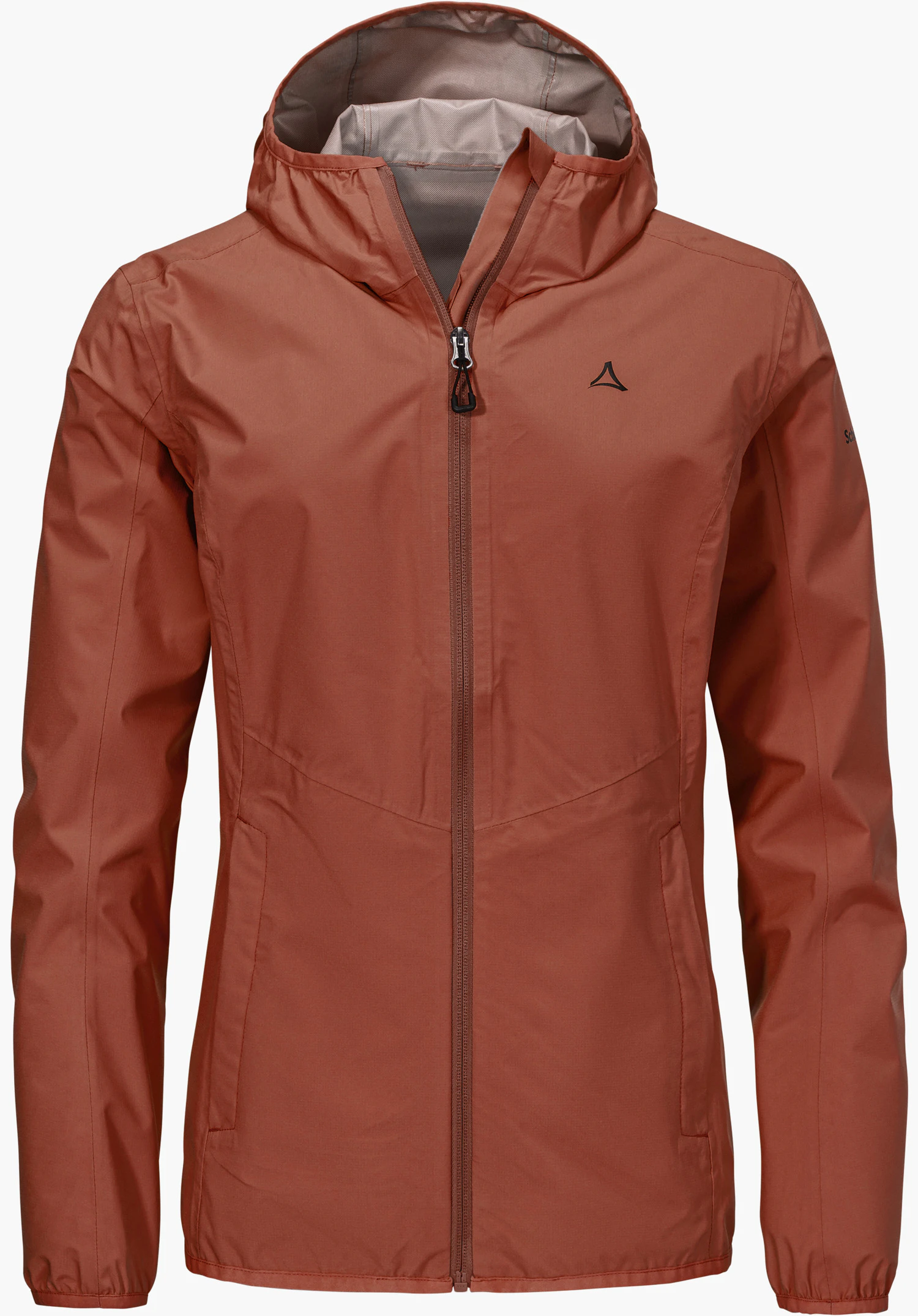 Jacket Style Migandi WMS en rouge se présente de face avec une fermeture éclair fermée, une capuche et le logo Schöffel visible sur la poitrine détourée sur fond blanc.