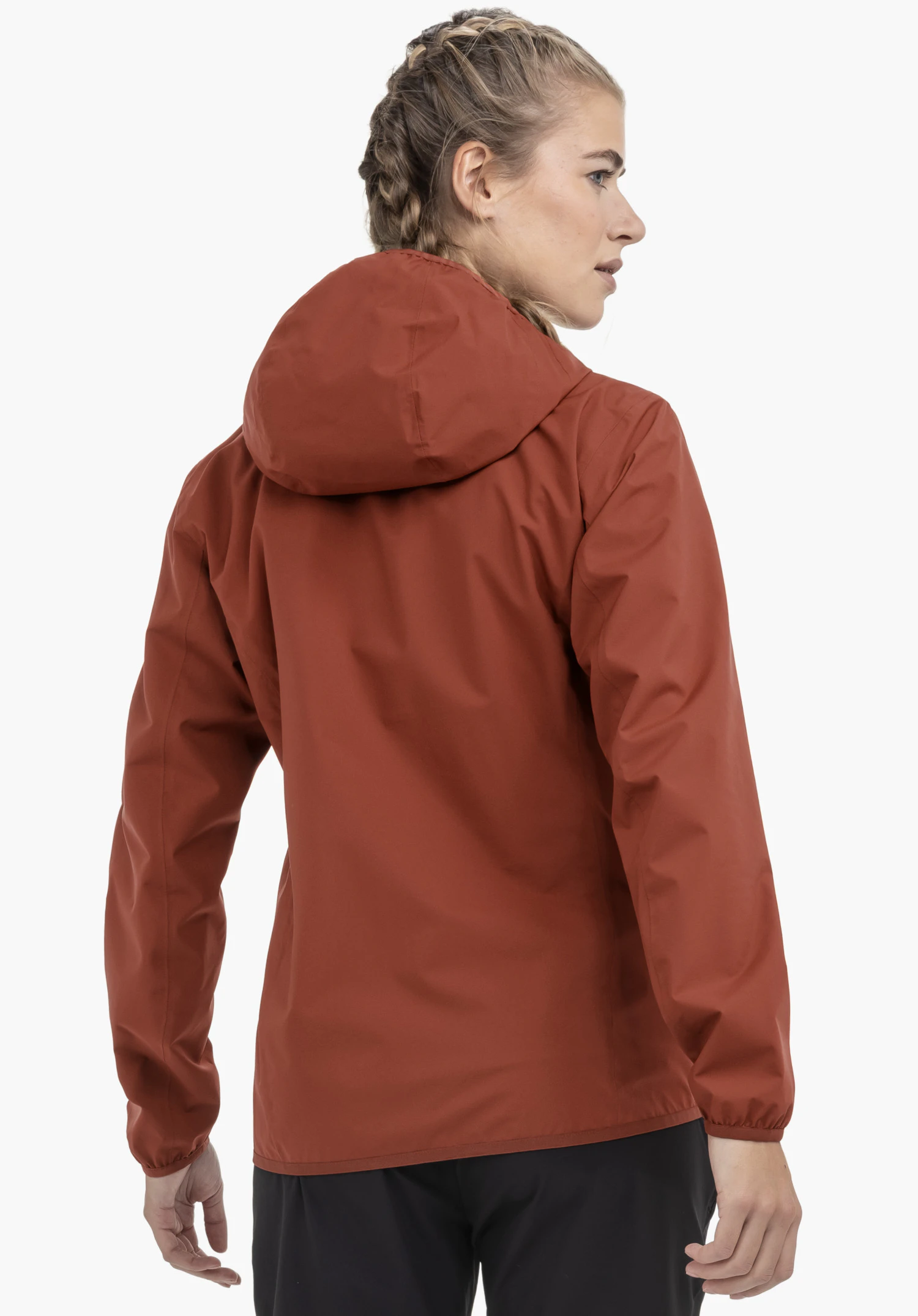 Jacket Style Migandi WMS in red, worn by a model in a back view looking slightly over her shoulder, against a neutral background.