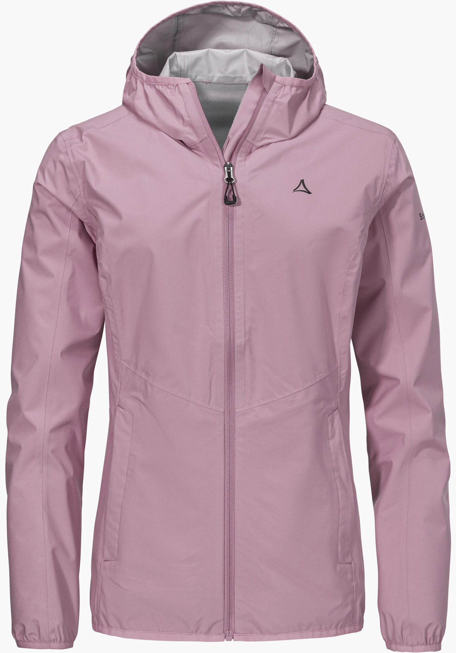 Jacket Style Migandi WMS se présente en rose avec une capuche, une fermeture éclair frontale et le logo Schöffel sur la poitrine gauche, détouré sur fond blanc.