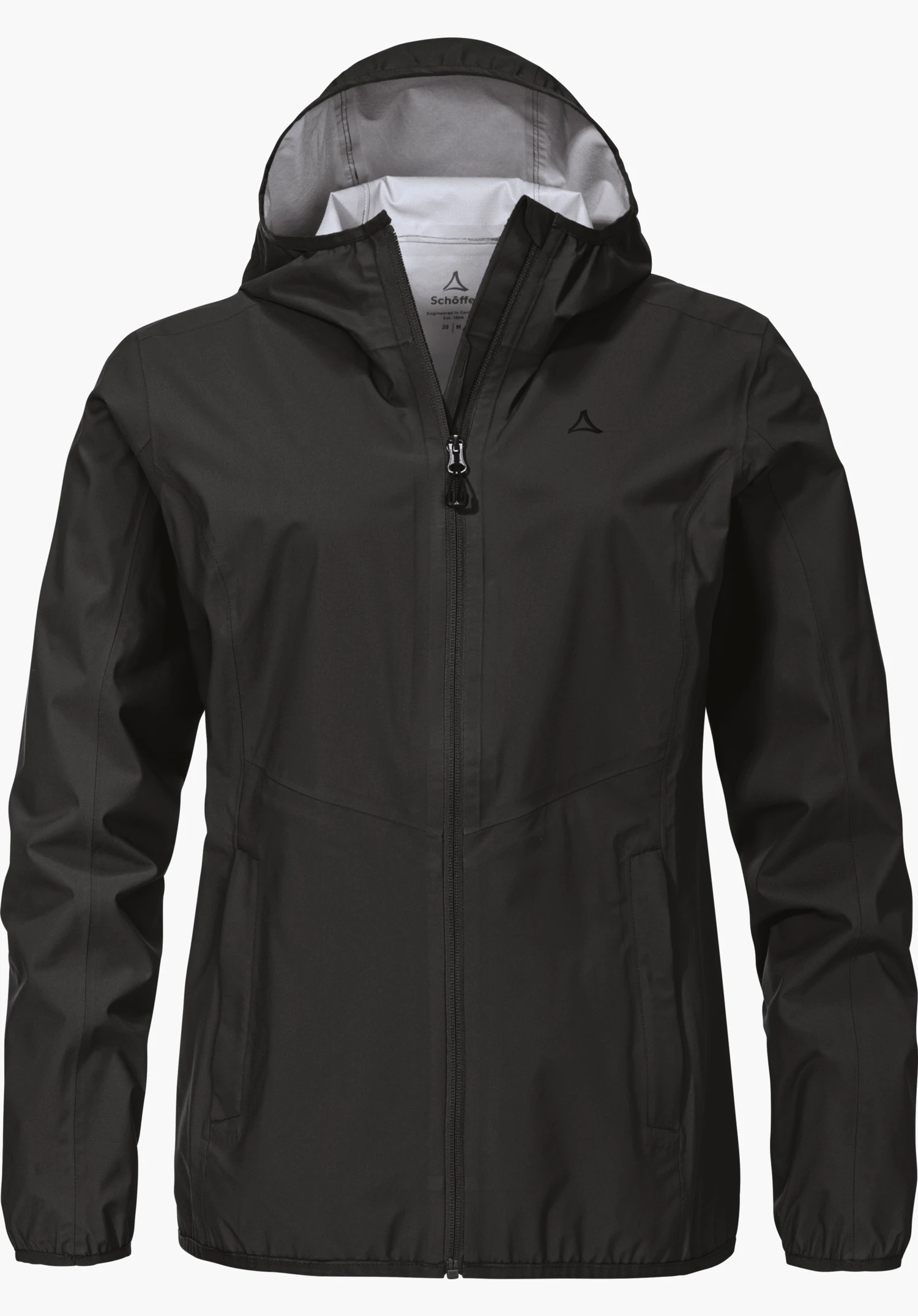Jacket Style Migandi WMS black rain jacket with hood, central zip closed, Schöffel logo on the chest, light grey inner hood; presented on a white background. Lettering: “Schöffel”.