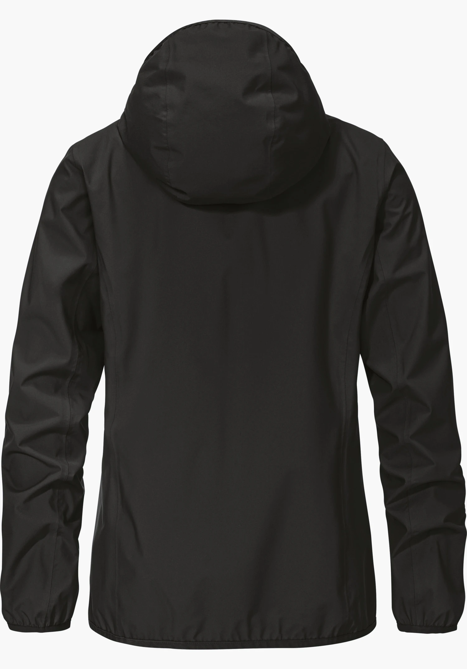 Jacket Style Migandi WMS schwarze Jacke, präsentiert Rückansicht mit aufgezogener Kapuze; Ärmel leicht gekräuselt, vor weißem Hintergrund.