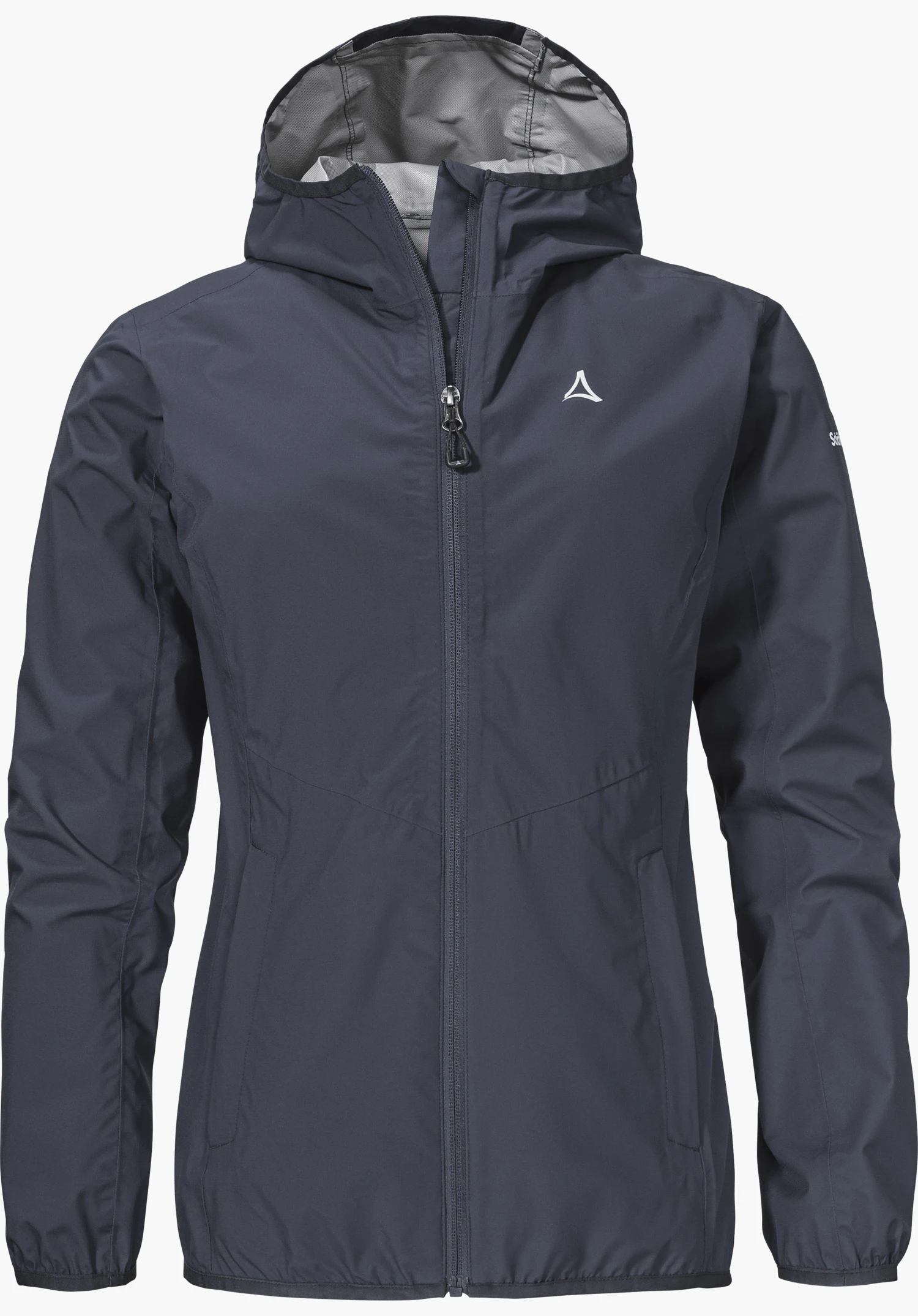 Jacket Style Migandi WMS appears in dark blue with a full-length zip, hood and the Schöffel logo on the chest isolated against a white background.