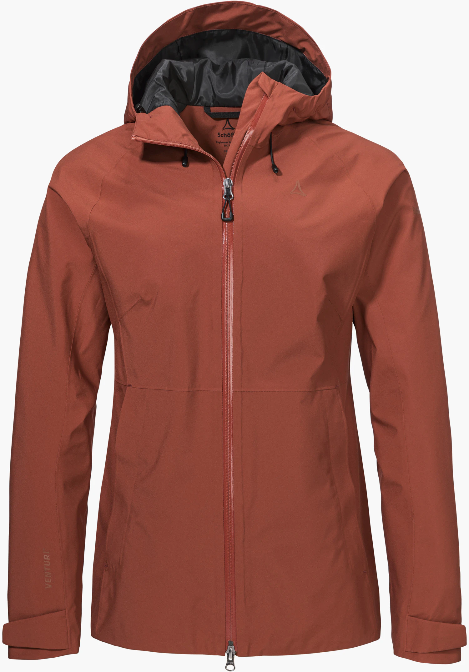Jacket Style Mauku WMS features a red design with a front zip, hood and Schöffel logo, isolated on a white background.