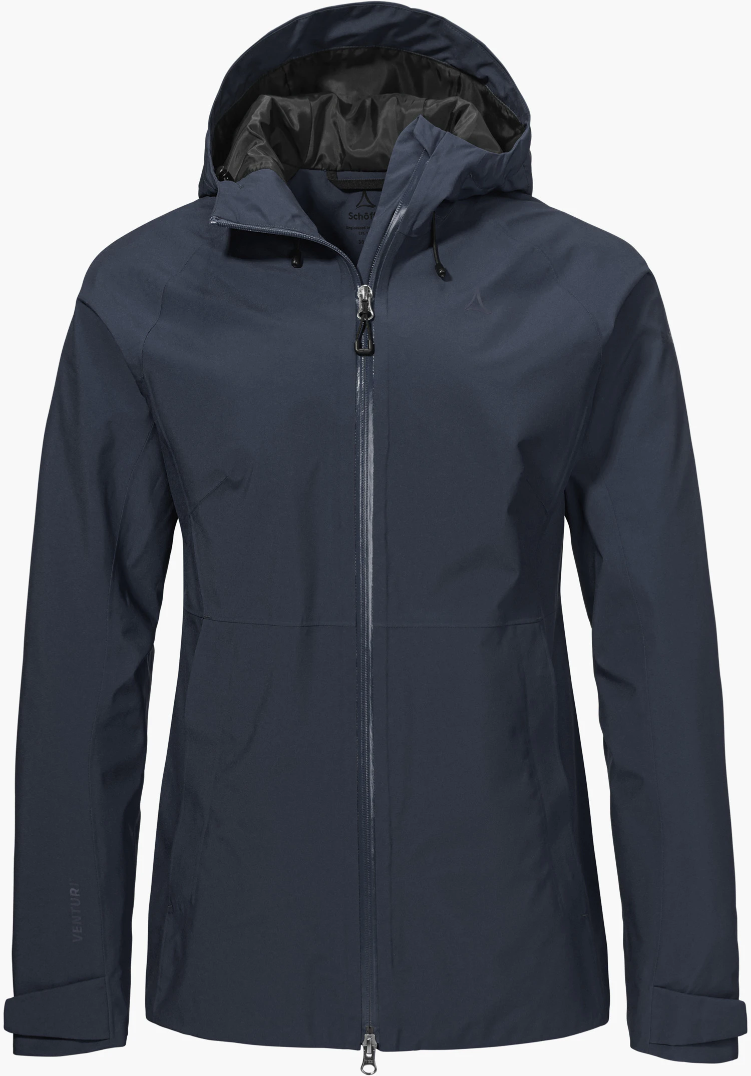 Jacket Style Mauku WMS en bleu avec fermeture zippée intégrale, capuche et Schöffel-Logo sur la poitrine gauche, isolée sur fond blanc.
