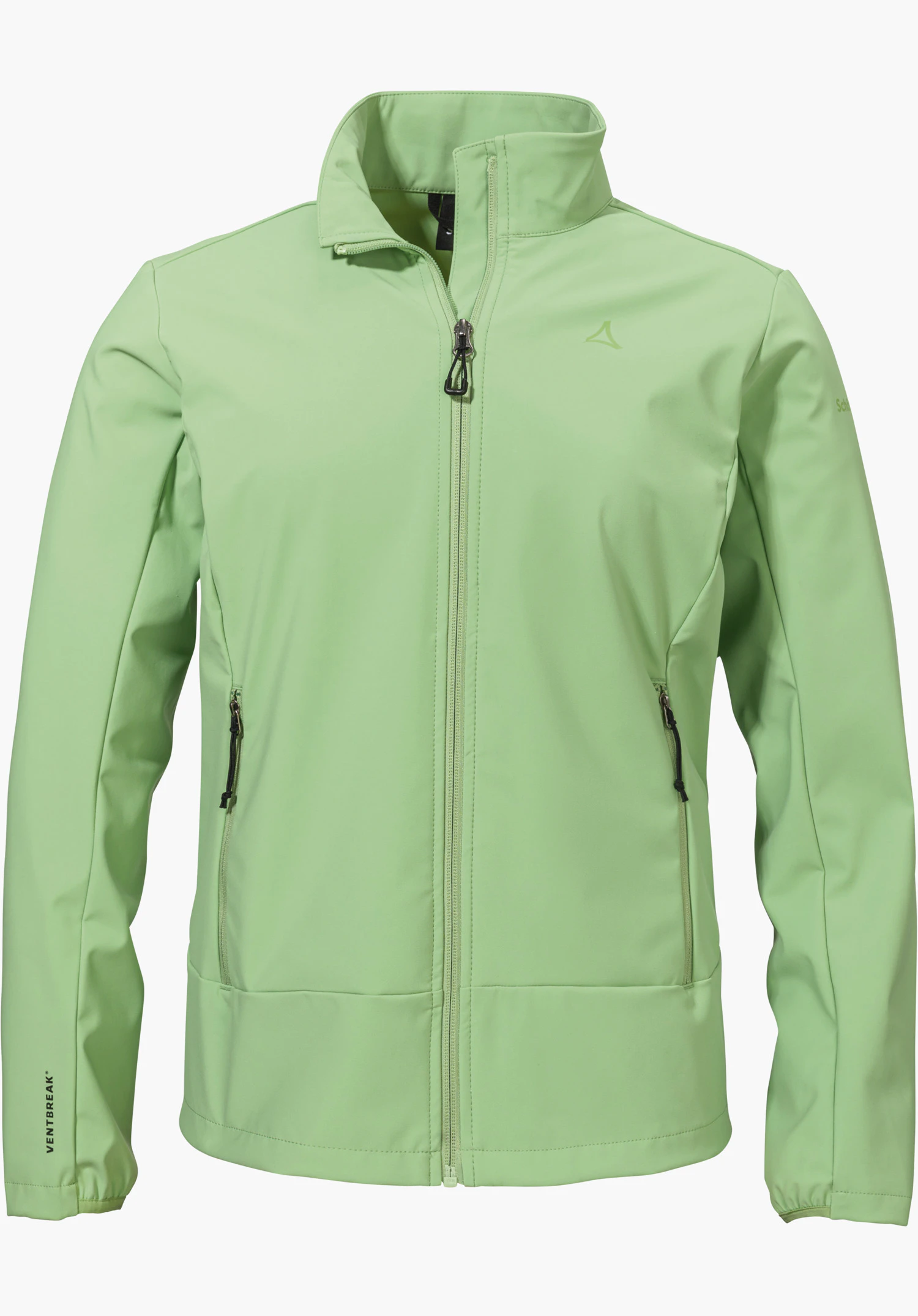 Softshell Jk Style Mirusha WMS in Grün mit durchgehendem Frontreißverschluss, zwei Reißverschluss-Seitentaschen und dem Schöffel-Logo auf der linken Brust, freigestellt vor weißem Hintergrund.