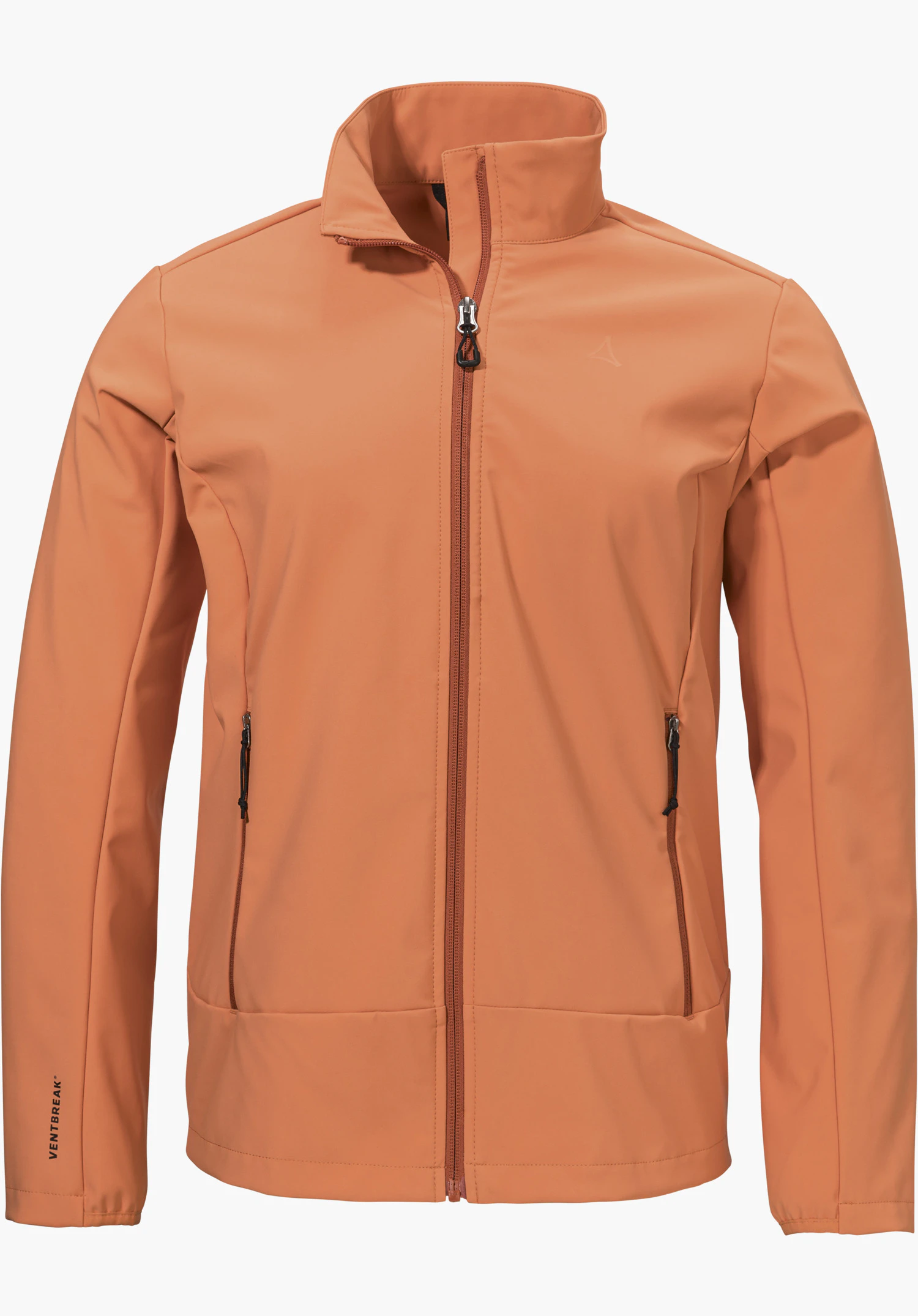 Softshell Jk Style Mirusha WMS als orange Softshelljacke in Frontalansicht mit geschlossenem Reißverschluss, zwei Seitentaschen und einem dezenten Schöffel-Logo auf der linken Brust, freigestellt vor weißem Hintergrund.
