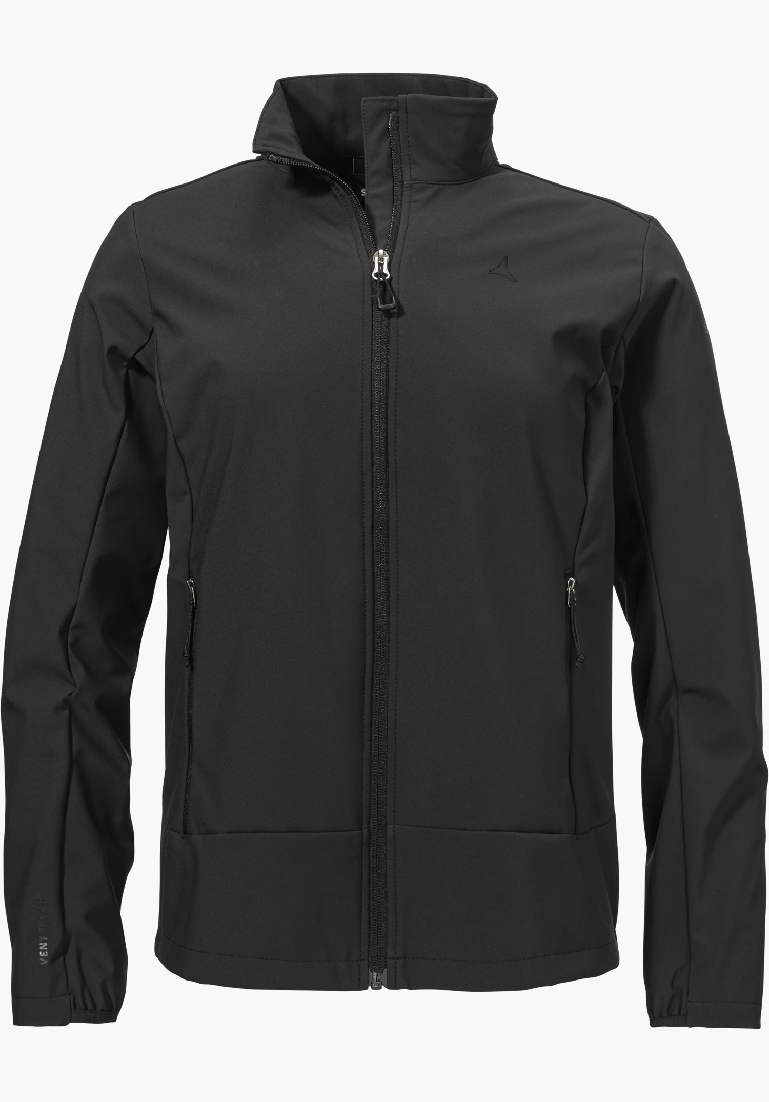 Softshell Jk Style Mirusha WMS in het zwart, met een doorlopende ritssluiting aan de voorkant, twee ritszakken en een subtiel Schöffel-logo op de linkerborst, vrijstaand tegen een witte achtergrond.
