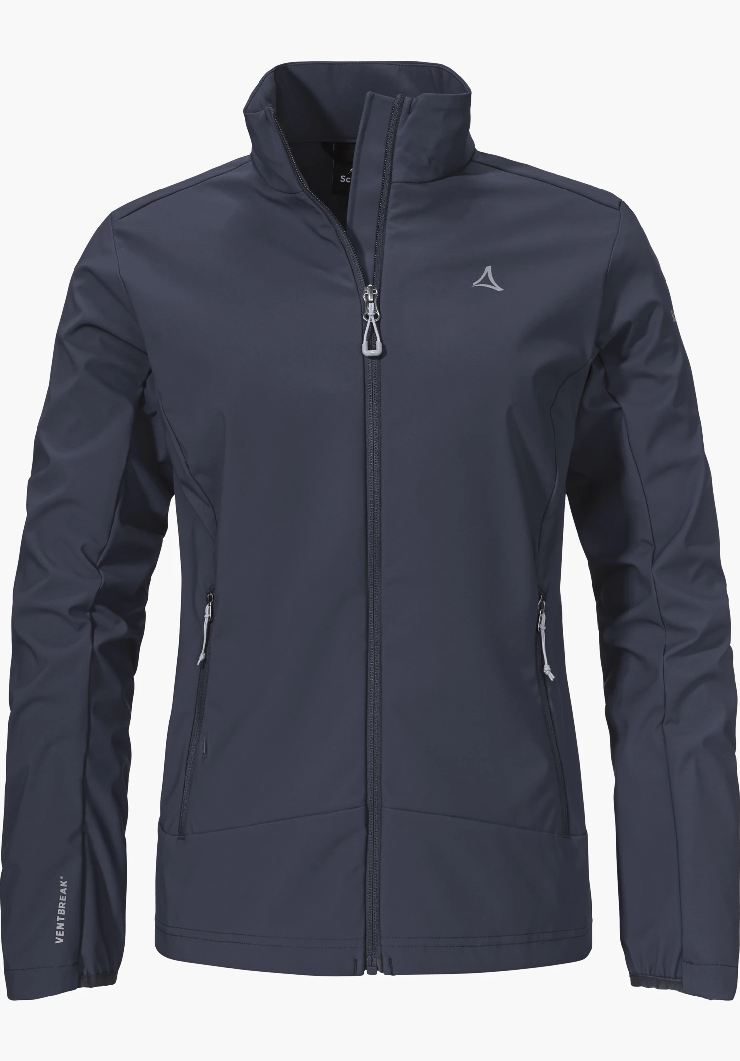 Softshell Jk Style Mirusha WMS in Blau mit Frontreißverschluss, zwei seitlichen Reißverschlusstaschen und sichtbarem Schöffel-Logo auf der Brust, freigestellt vor weißem Hintergrund.