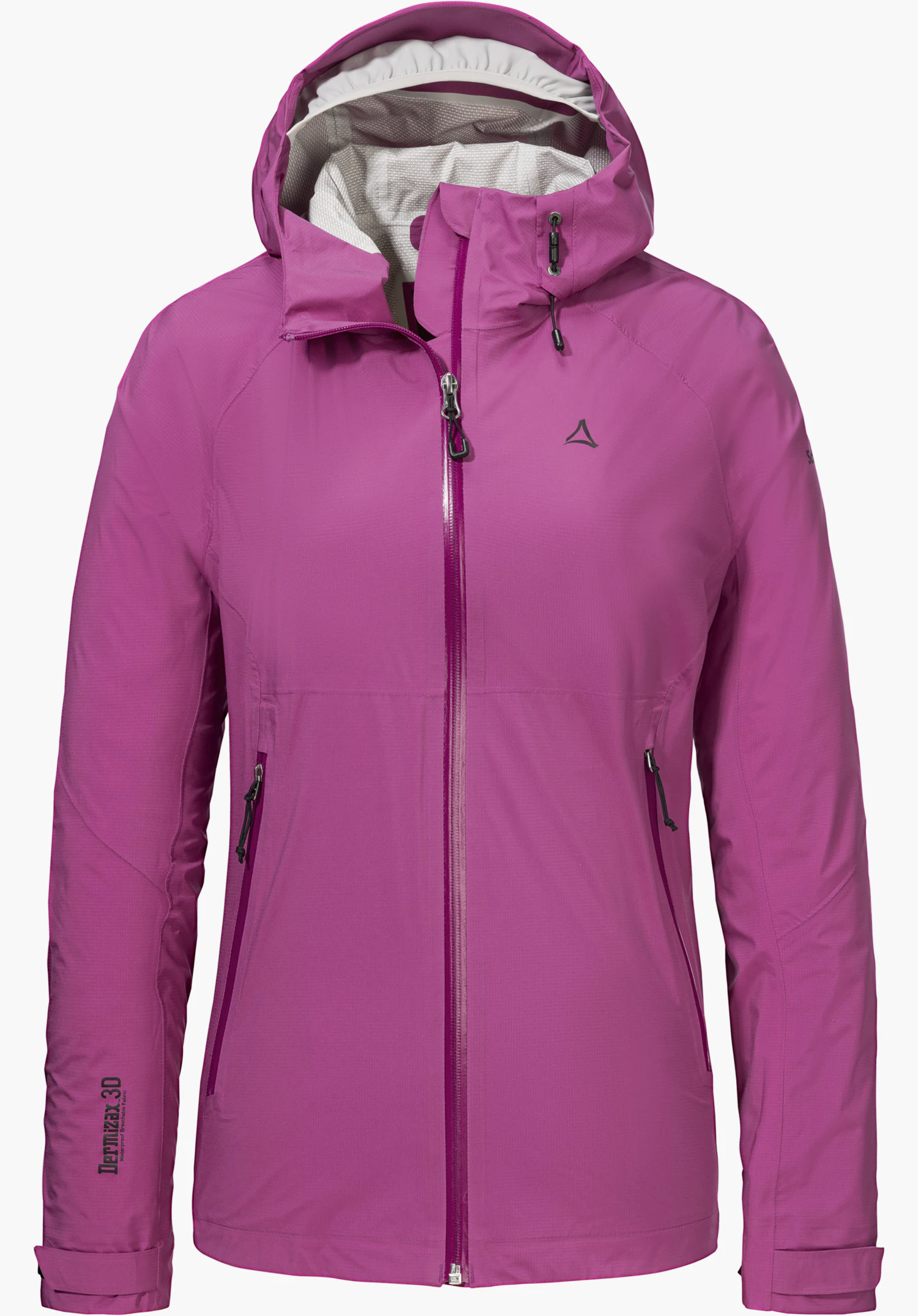2.5L 3D Jacket Vistdal L in Pink mit Kapuze, durchgehendem Frontreißverschluss und sichtbarem Schöffel-Logo auf der linken Brust, freigestellt vor weißem Hintergrund.