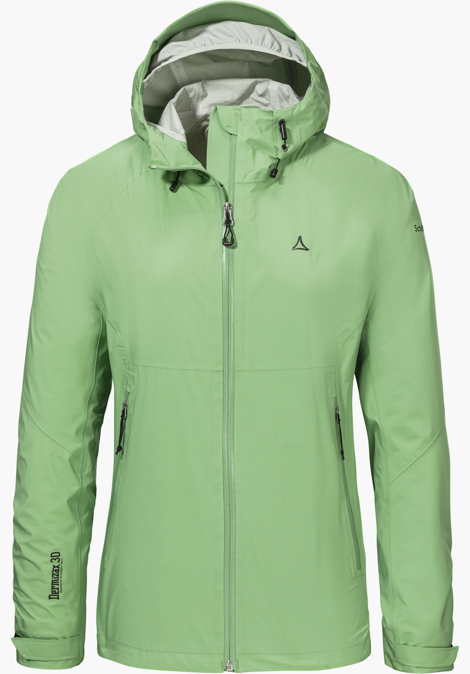 2.5L 3D Jacket Vistdal L als grüne Jacke mit Kapuze, durchgehendem Frontreißverschluss und Schöffel-Logo auf der linken Brust, freigestellt vor weißem Hintergrund.