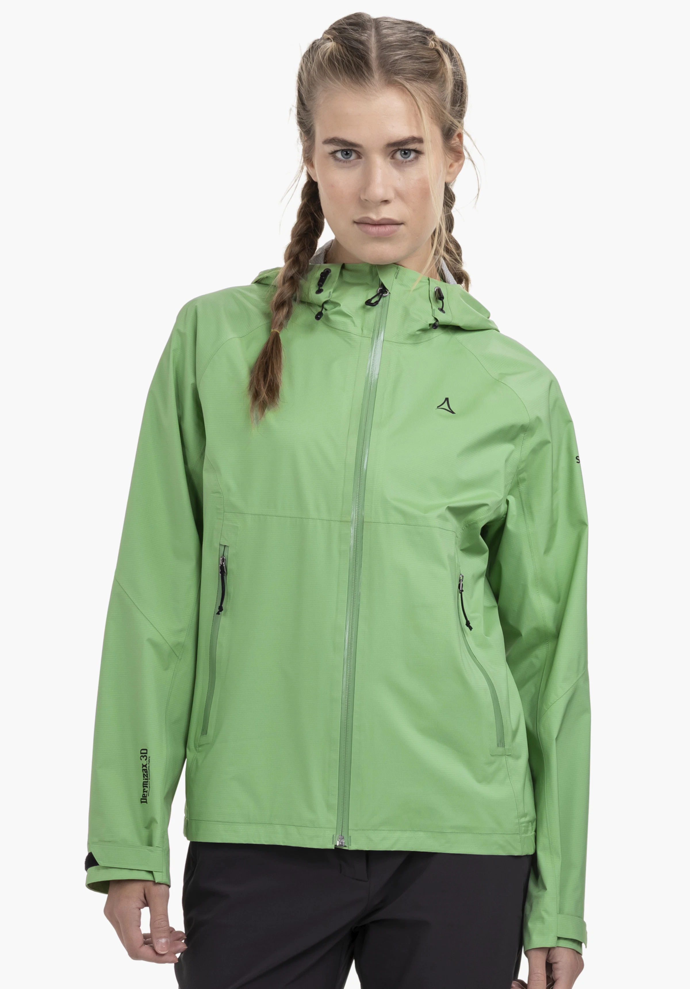 2.5L 3D Jacket Vistdal L. Een model staat frontaal en draagt de jas in het groen tegen een neutrale achtergrond. Op de linkerborst is het zwarte Schöffel-logo zichtbaar.