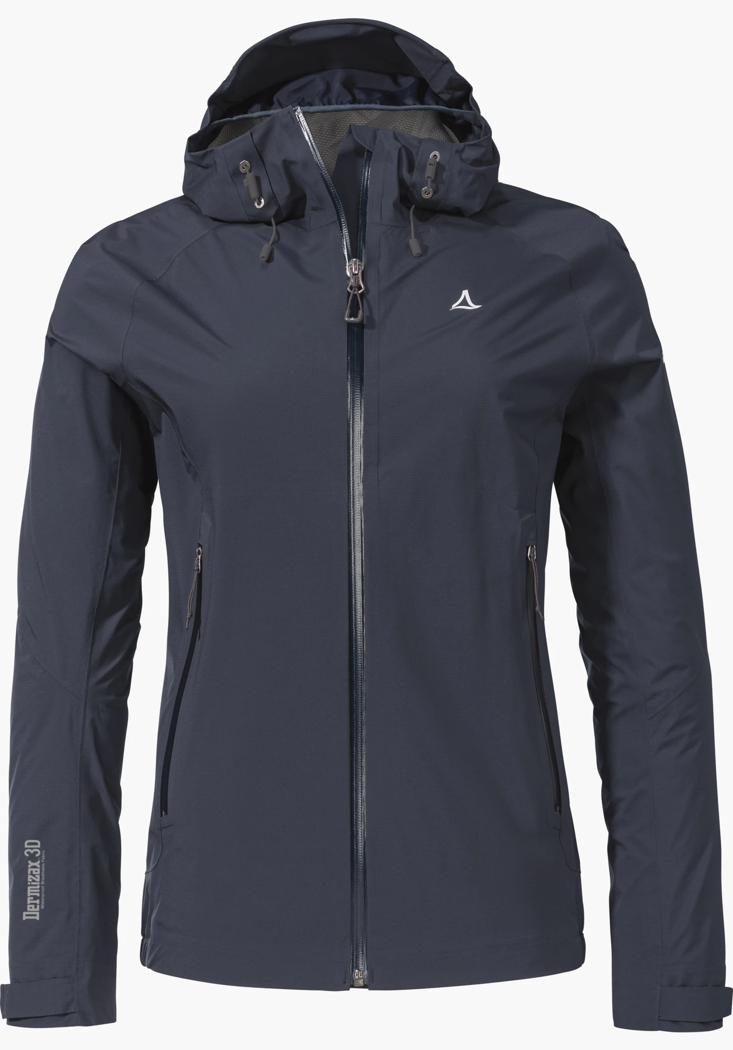 2.5L 3D Jacket Vistdal L en bleu, dotée d'une capuche, d'une fermeture éclair frontale sur toute la longueur et d'un Schöffel-Logo blanc sur la poitrine gauche, détourée sur fond blanc.