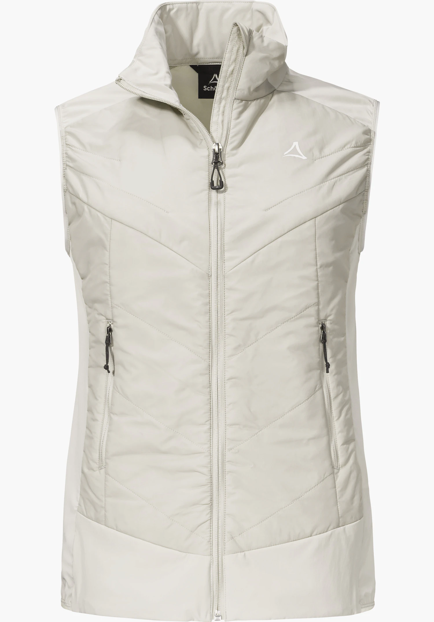 Hybrid Vt Style Blaueis WMS de couleur natur se présente comme un gilet matelassé avec des coutures en V, une fermeture éclair frontale intégrale, deux poches latérales zippées et un Schöffel-Logo sur la poitrine gauche, détouré sur fond blanc.