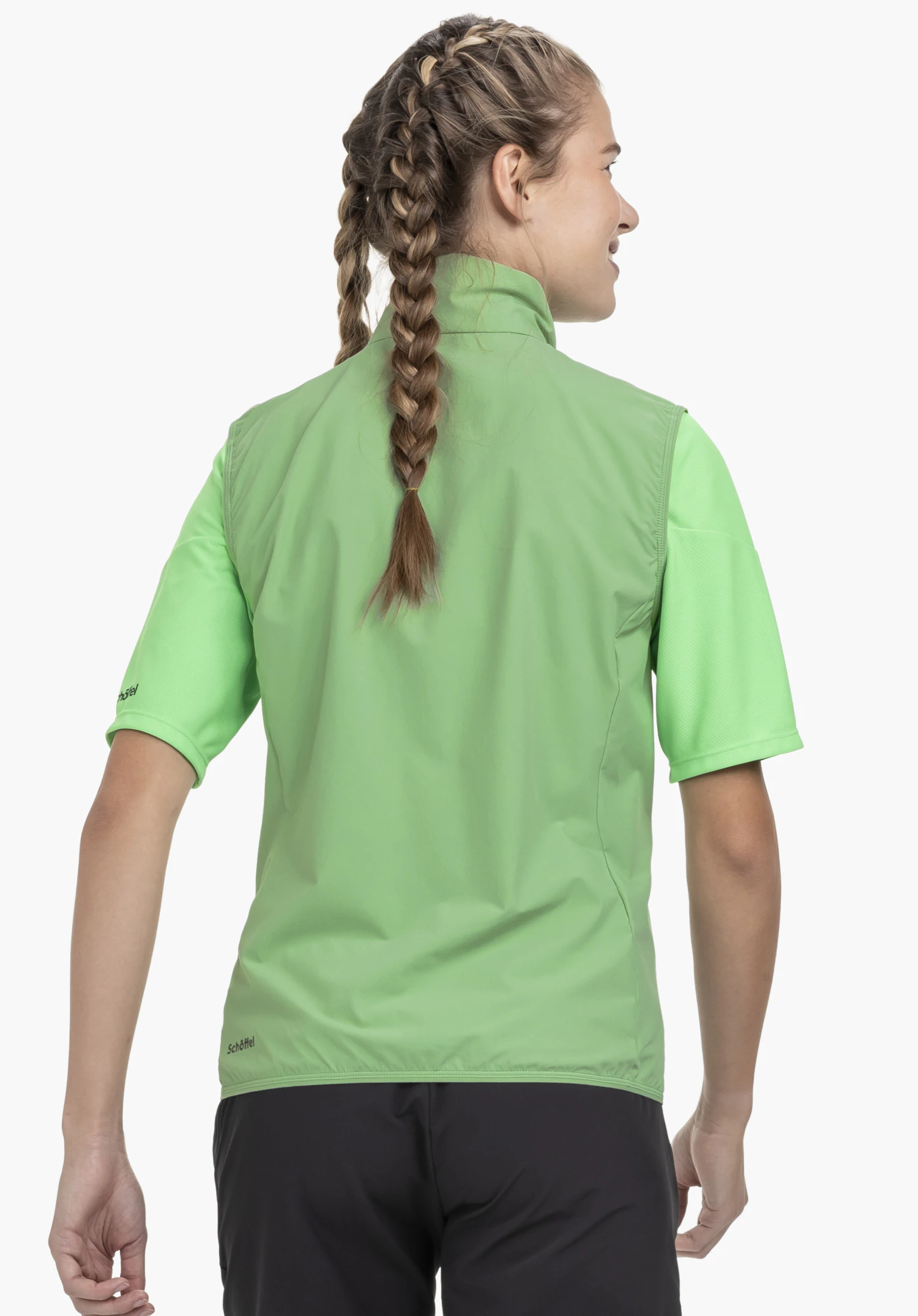 Hybrid Vt Style Blaueis WMS en vert, présentée de dos sur un mannequin devant un fond neutre avec le logo Schöffel visible.