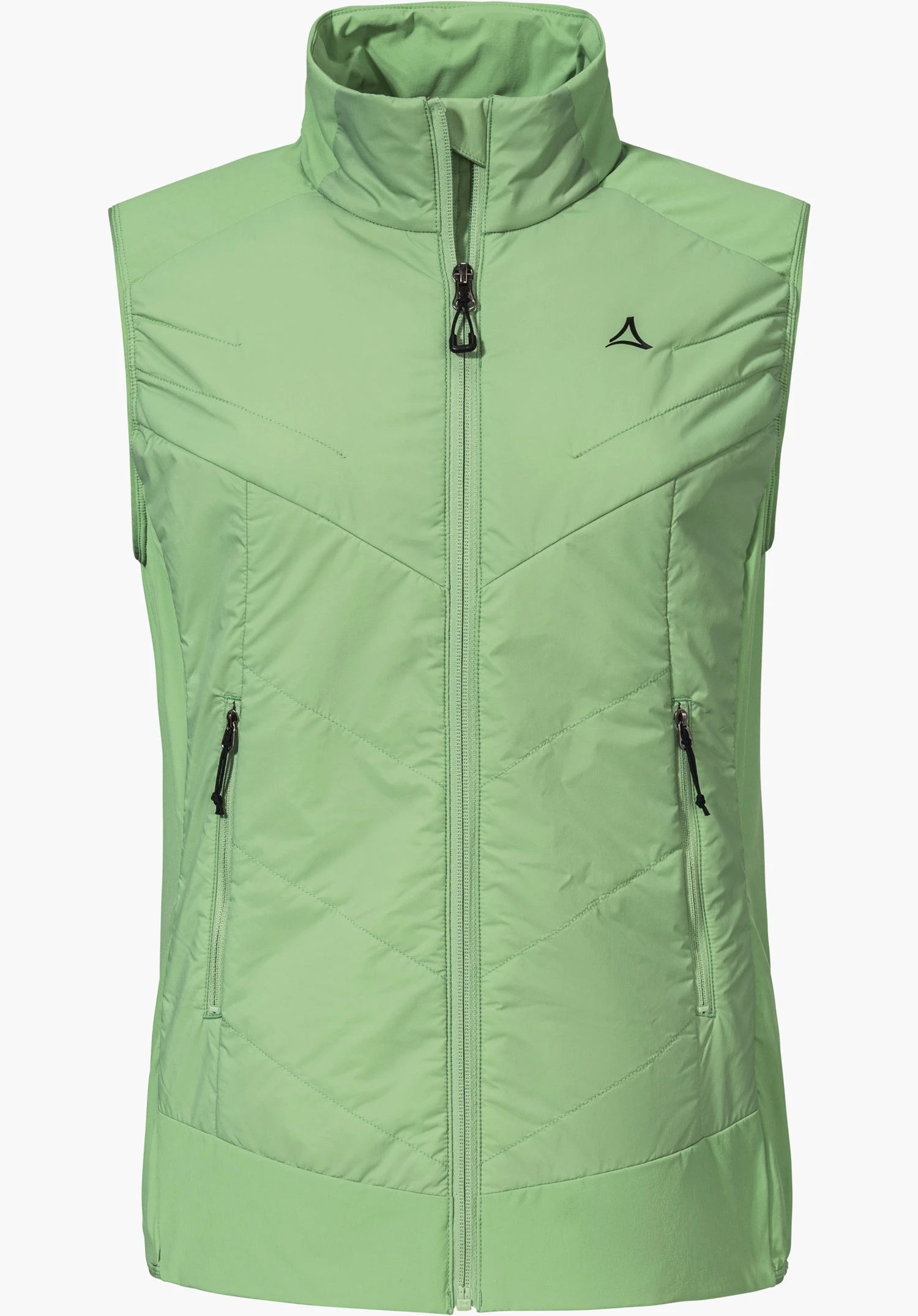 Hybrid Vt Style Blaueis WMS sous forme de gilet vert avec une fermeture éclair intégrale, un matelassage en V et le logo Schöffel sur la poitrine gauche, détouré sur fond blanc.