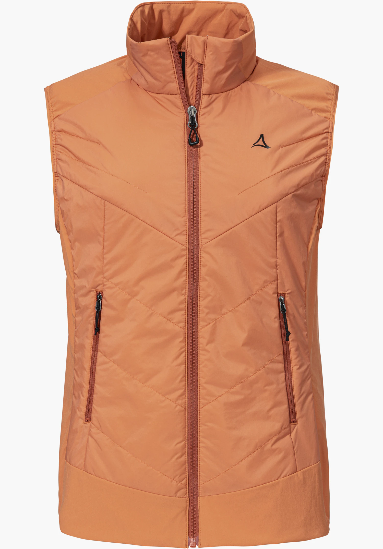 Hybrid Vt Style Blaueis WMS de couleur orange, avec un matelassage en V, une fermeture zippée intégrale sur le devant, des poches latérales zippées et un Schöffel-Logo noir sur le côté gauche de la poitrine, isolé sur fond blanc.
