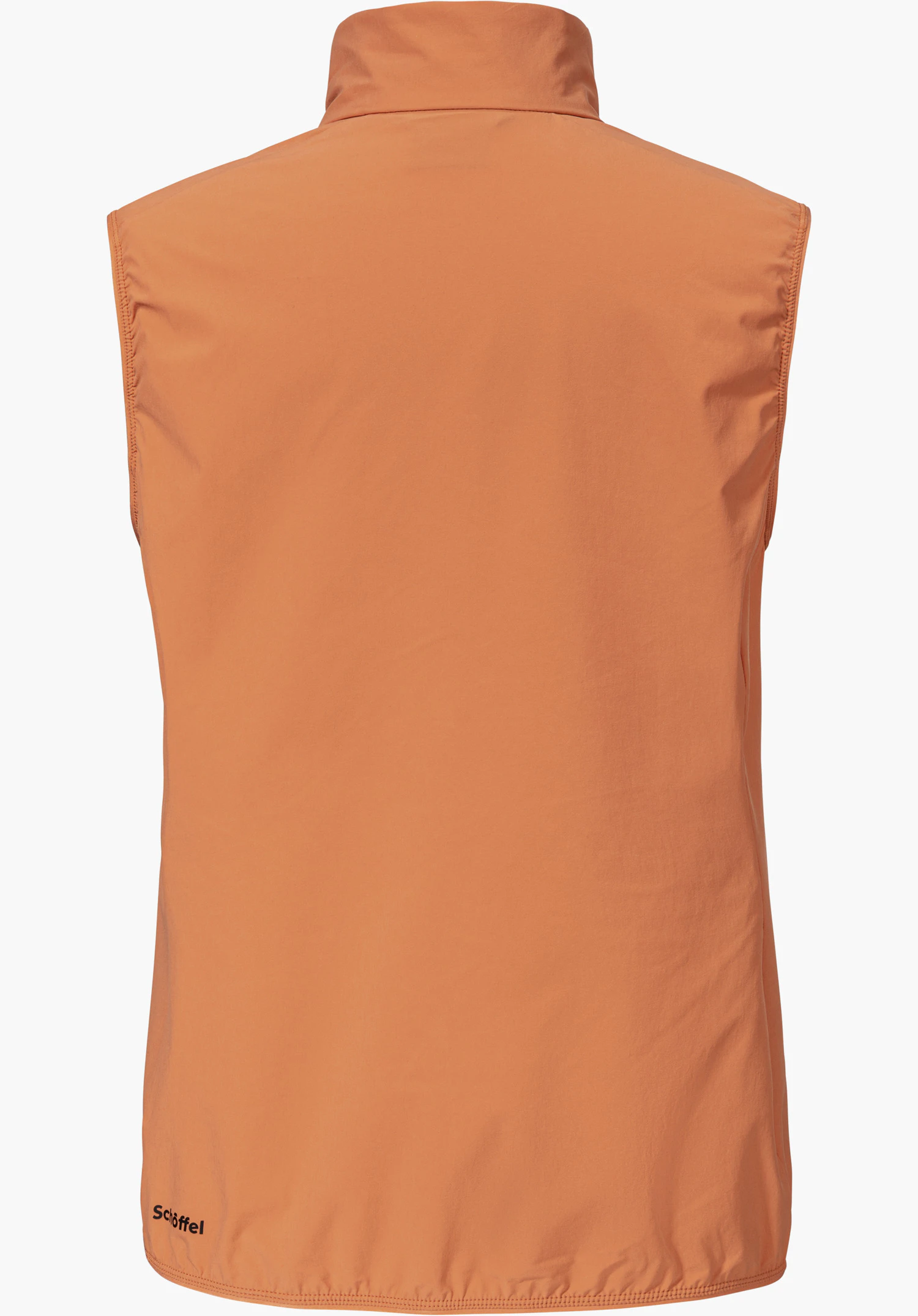 Hybrid Vt Style Blaueis WMS en tant que gilet orange vu de dos, avec un col montant et le Schöffel-Logo noir sur l'ourlet en bas à gauche, détouré sur fond blanc.