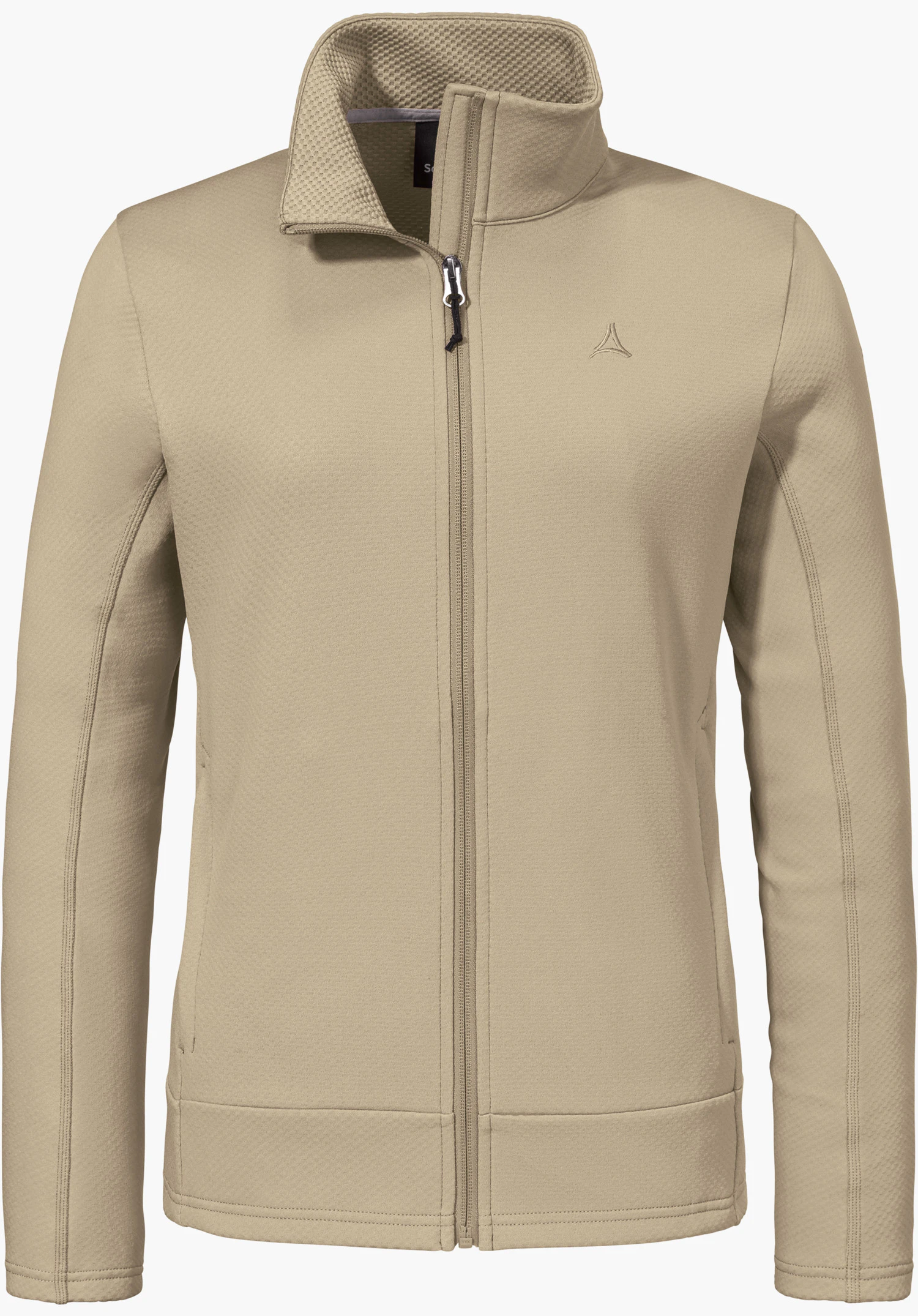 Fleece Jk Style Uriezzo WMS sous forme de veste polaire beige avec fermeture zippée sur le devant, col montant et logo Schöffel sur la poitrine gauche, détourée sur fond blanc.