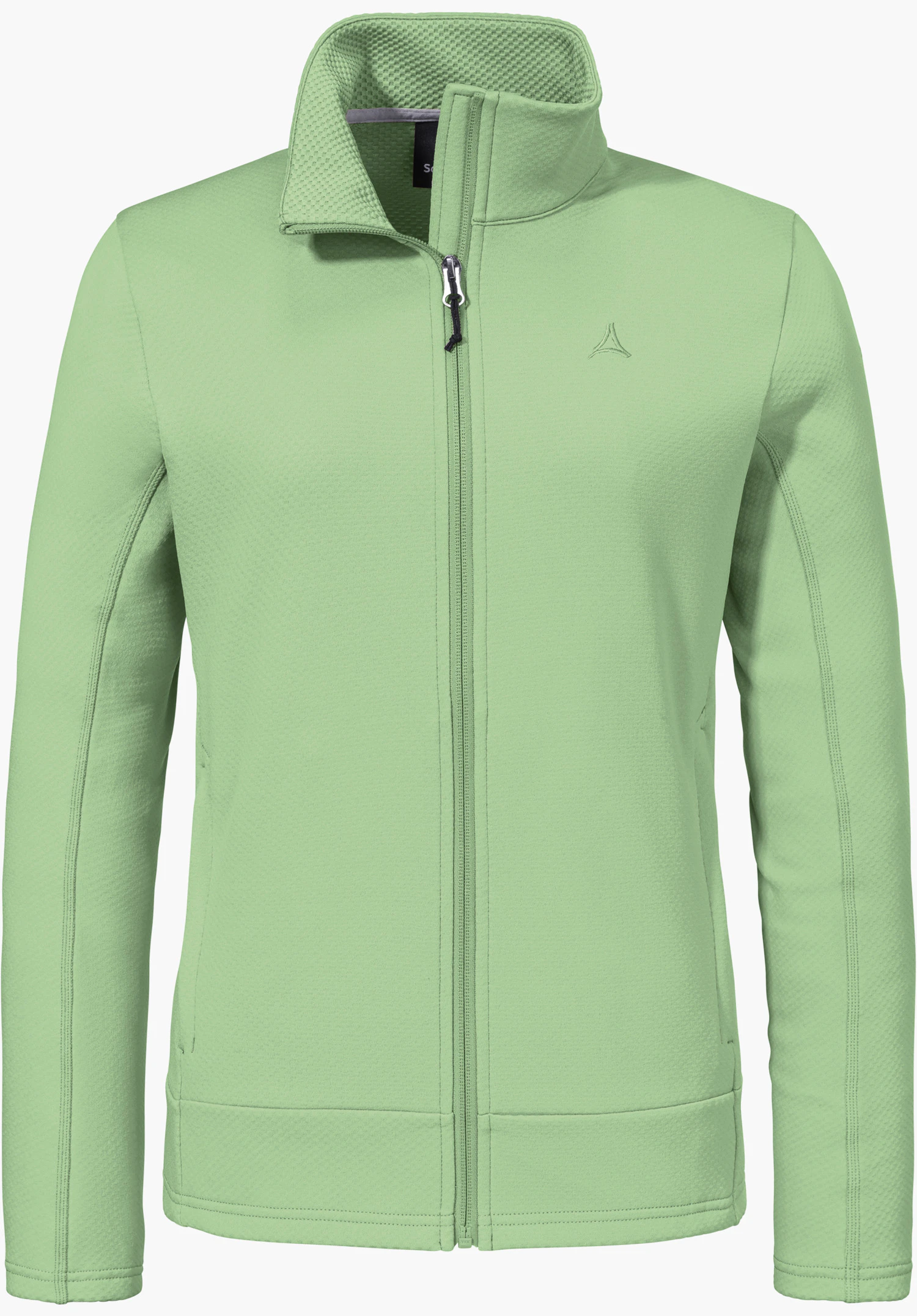 Fleece Jk Style Uriezzo WMS in green featuring a full-length front zip, high collar and Schöffel logo on the left chest, isolated against a white background.