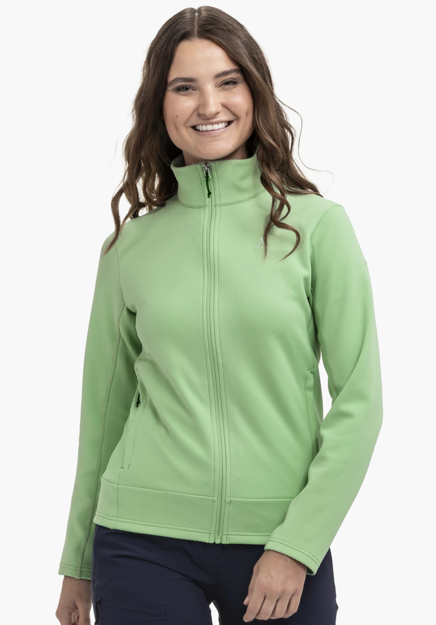 Fleece Jk Style Uriezzo WMS in green. The model stands facing forwards and wears the jacket with a visible Schöffel logo on the left chest against a neutral background.