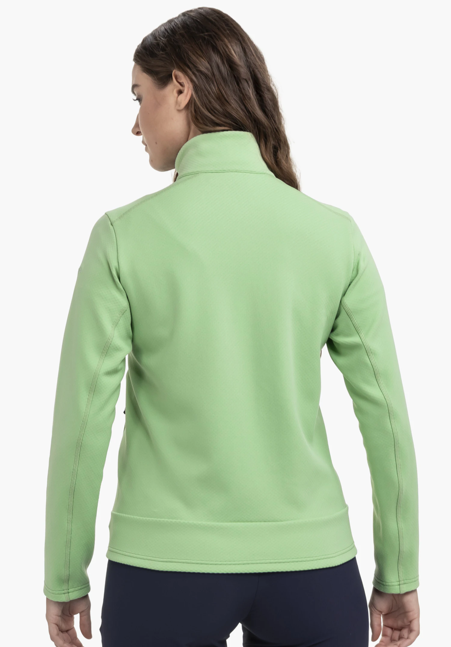 Fleece Jk Style Uriezzo WMS as a green fleece jacket, worn by a model in a back view. The jacket features distinct seam lines and a stand-up collar against a neutral background.