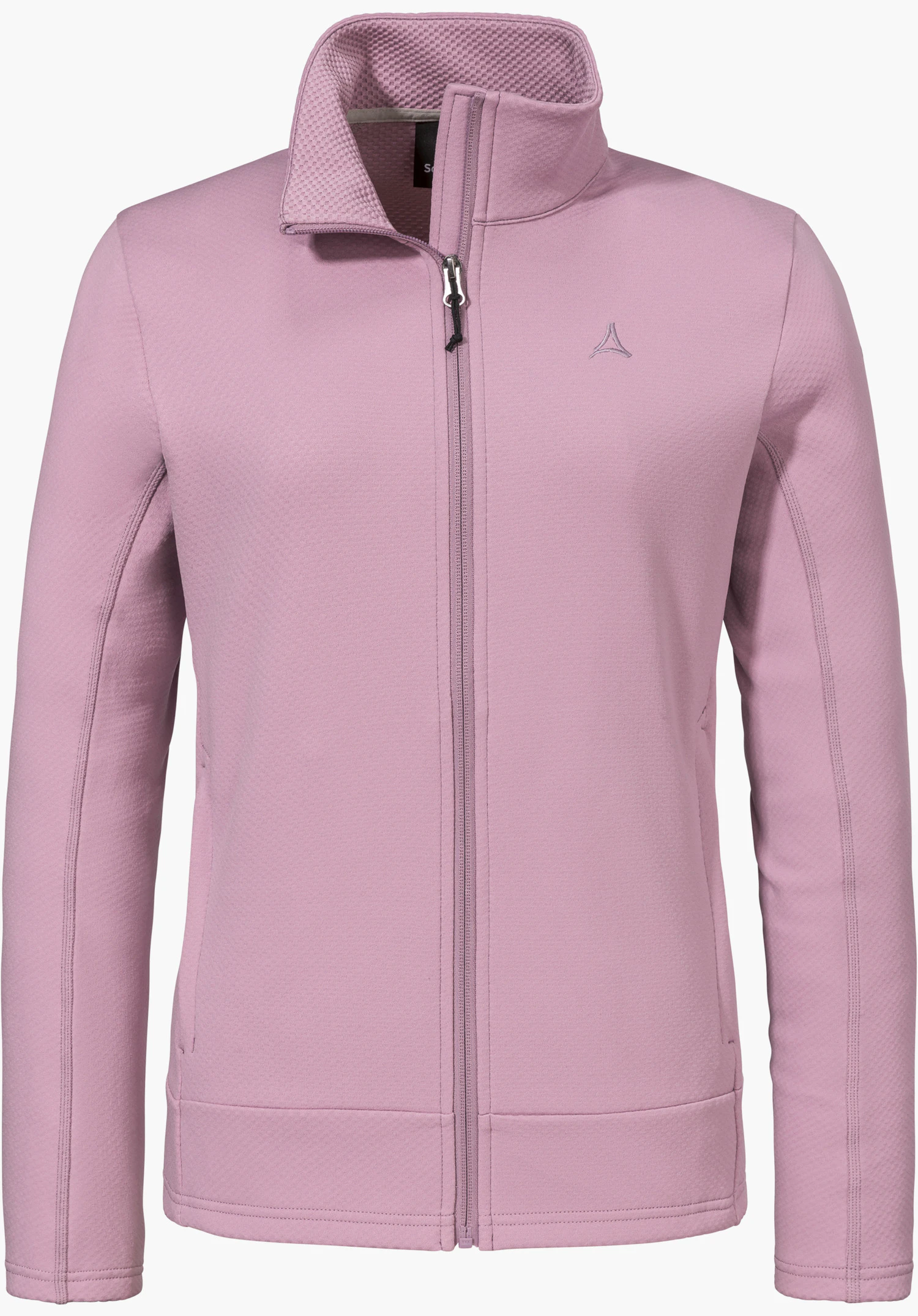 Fleece Jk Style Uriezzo WMS as a pink fleece jacket with a full-length zip, high collar and Schöffel logo on the left chest, isolated against a white background.