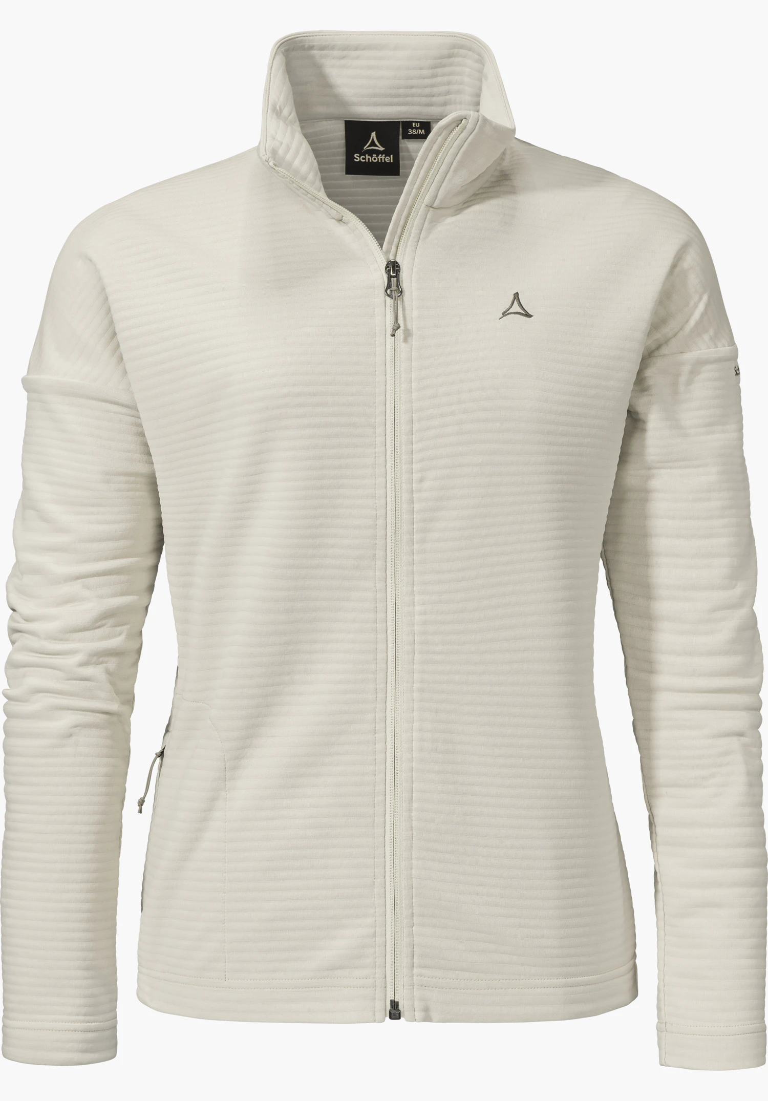 CIRC Fleece Jk Style Smue WMS, eine naturfarbene Fleecejacke mit durchgehendem Reißverschluss, Rippenstruktur und Schöffel-Logo auf der linken Brust, freigestellt vor weißem Hintergrund.
