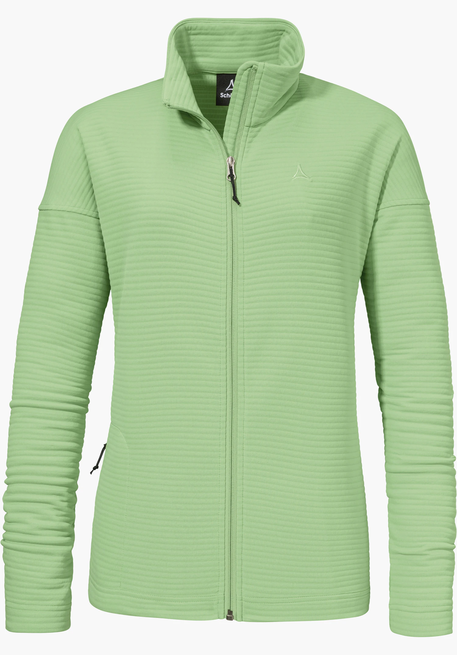 CIRC Fleece Jk Style Smue WMS als grüne Fleecejacke mit durchgehendem Reißverschluss, gerippter Struktur und dezentem Schöffel-Logo auf der Brust, freigestellt vor weißem Hintergrund.