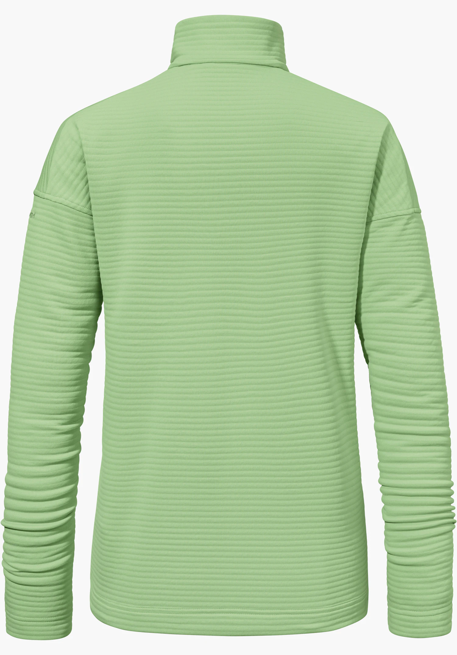 CIRC Fleece Jk Style Smue WMS zeigt die Rückansicht einer grünen Fleecejacke mit horizontaler Rippenstruktur und Stehkragen, ein Schöffel-Logo ist seitlich am linken Ärmel zu erkennen, freigestellt vor weißem Hintergrund.